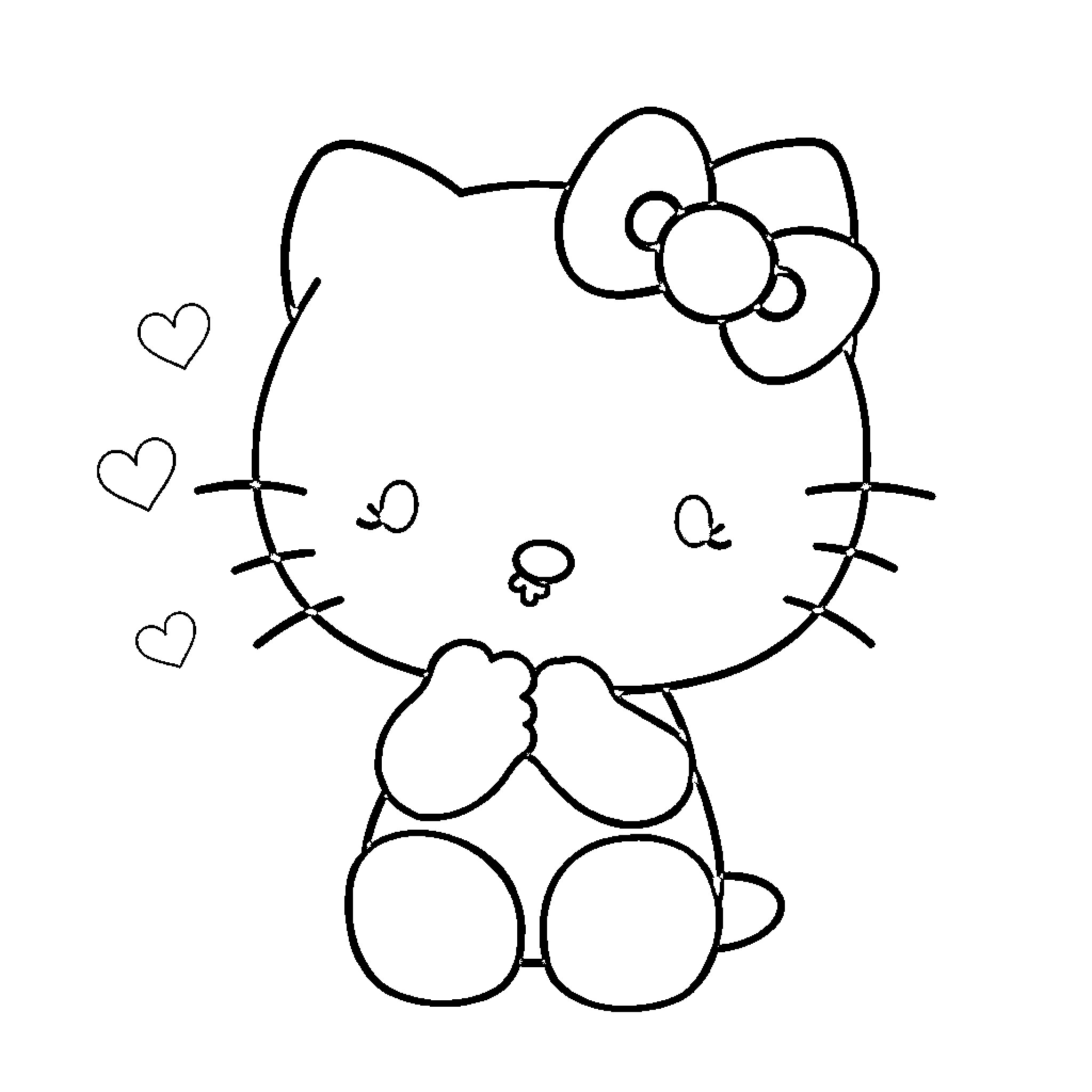 Hello Kitty sitting with hearts Coloring Page (free black-and-white line drawing printable PDF for all, from beginners to advanced learners, including children, teens, adults, and seniors)