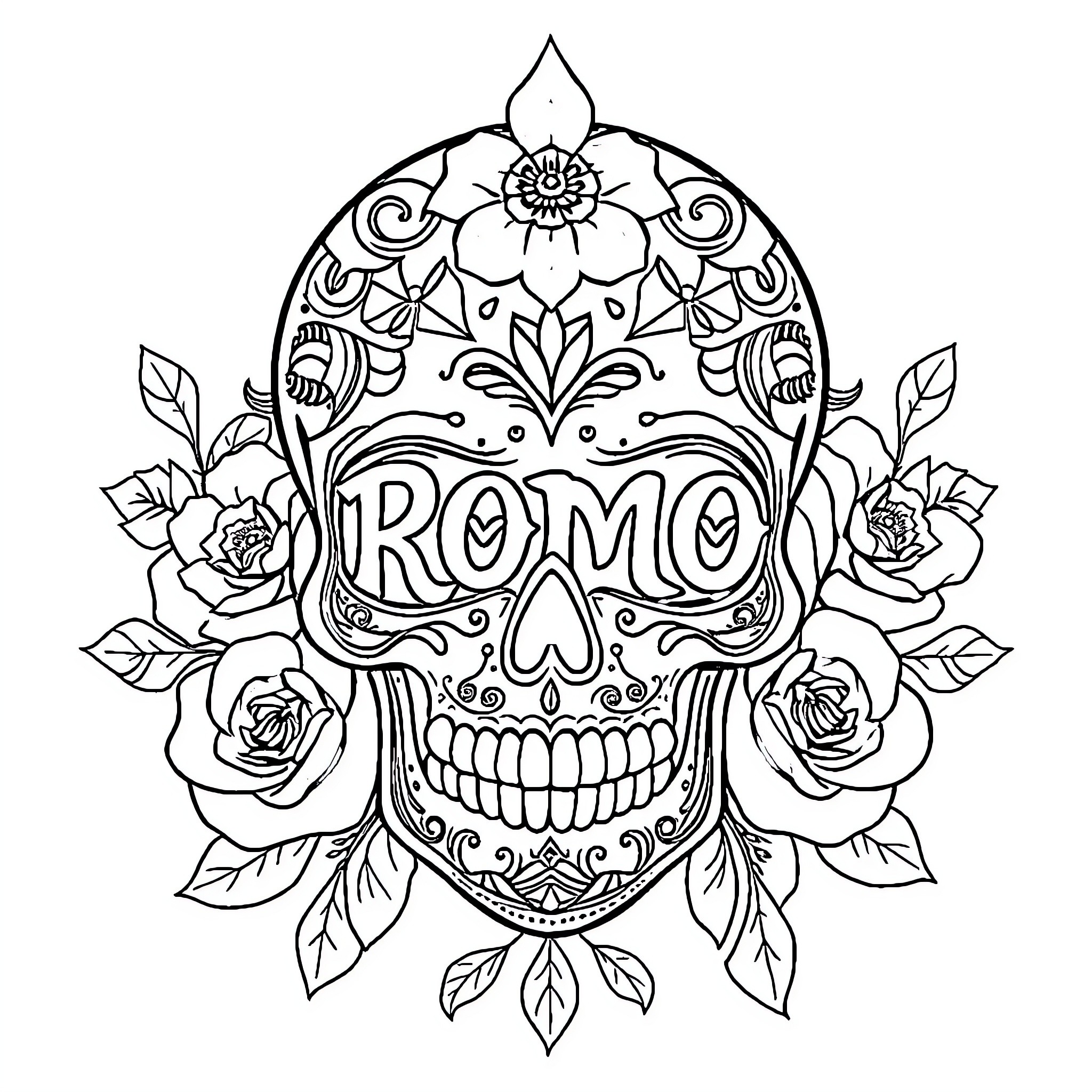 Sugar Skull with Ornate Floral Design and Text Coloring Page (free black-and-white line drawing printable PDF for all, from beginners to advanced learners, including children, teens, adults, and seniors)