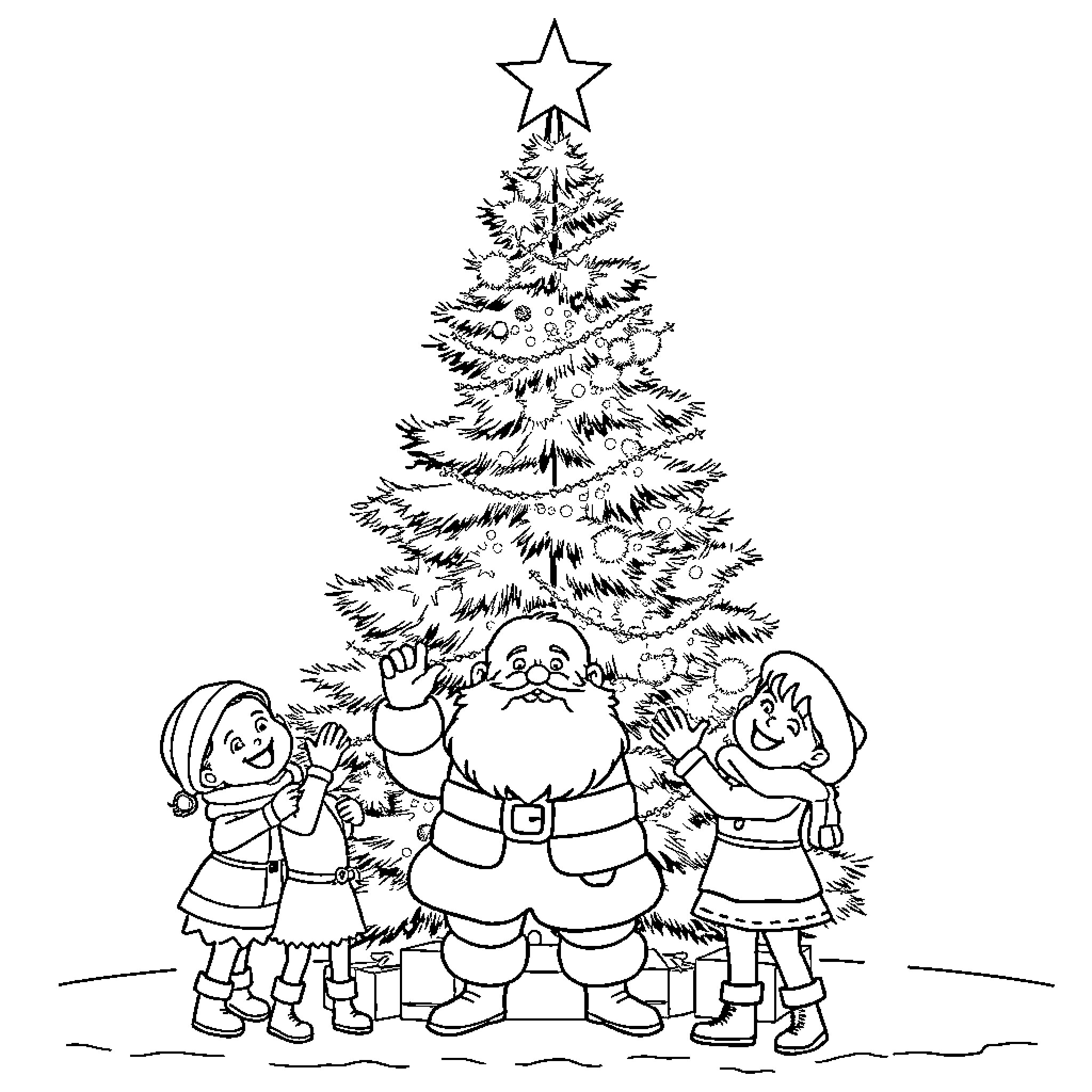 Christmas Tree with Santa and Children Coloring Page (free black-and-white line drawing printable PDF for all, from beginners to advanced learners, including children, teens, adults, and seniors)