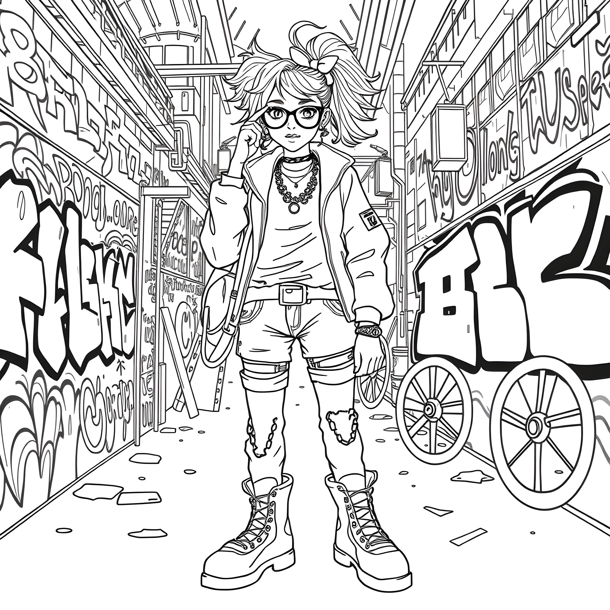 Femboy explores vibrant urban alley Coloring Page (free black-and-white line drawing printable PDF for all, from beginners to advanced learners, including children, teens, adults, and seniors)