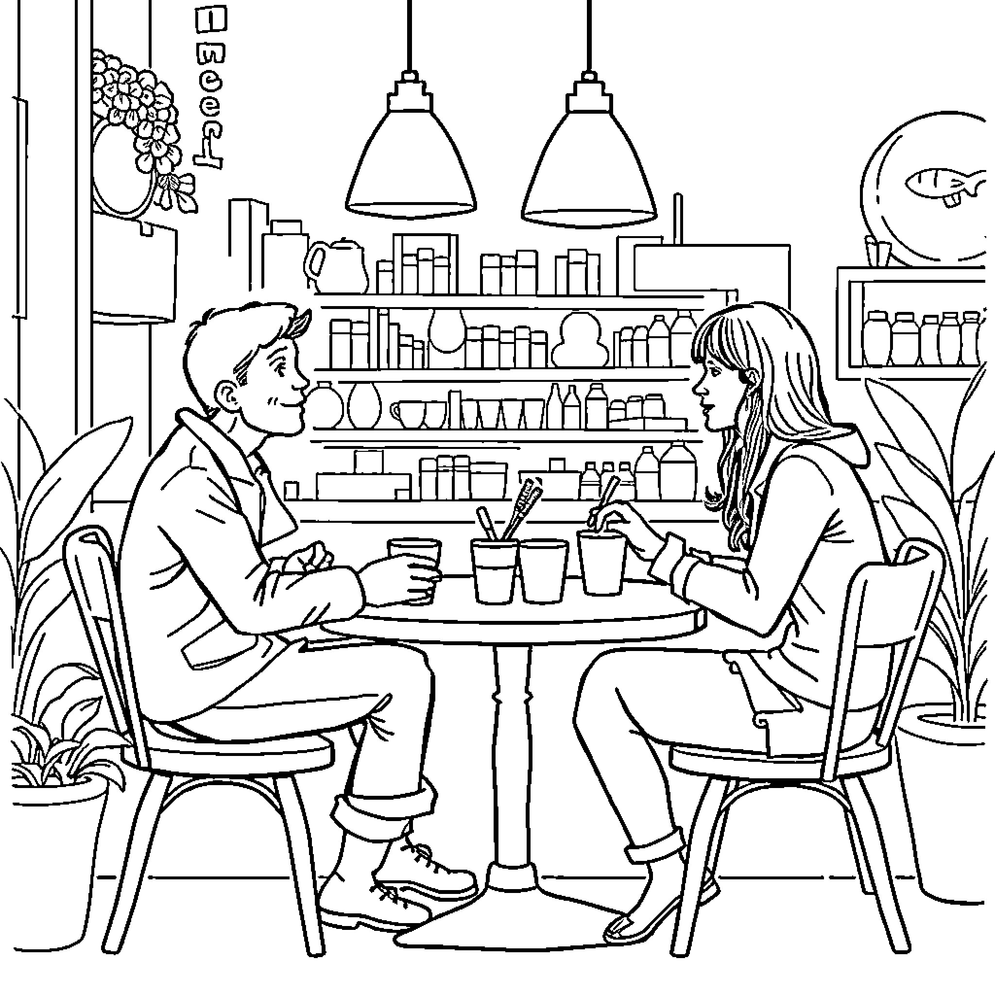 Cat Owners Enjoying Coffee in Cozy Cafe Coloring Page (free black-and-white line drawing printable PDF for all, from beginners to advanced learners, including children, teens, adults, and seniors)