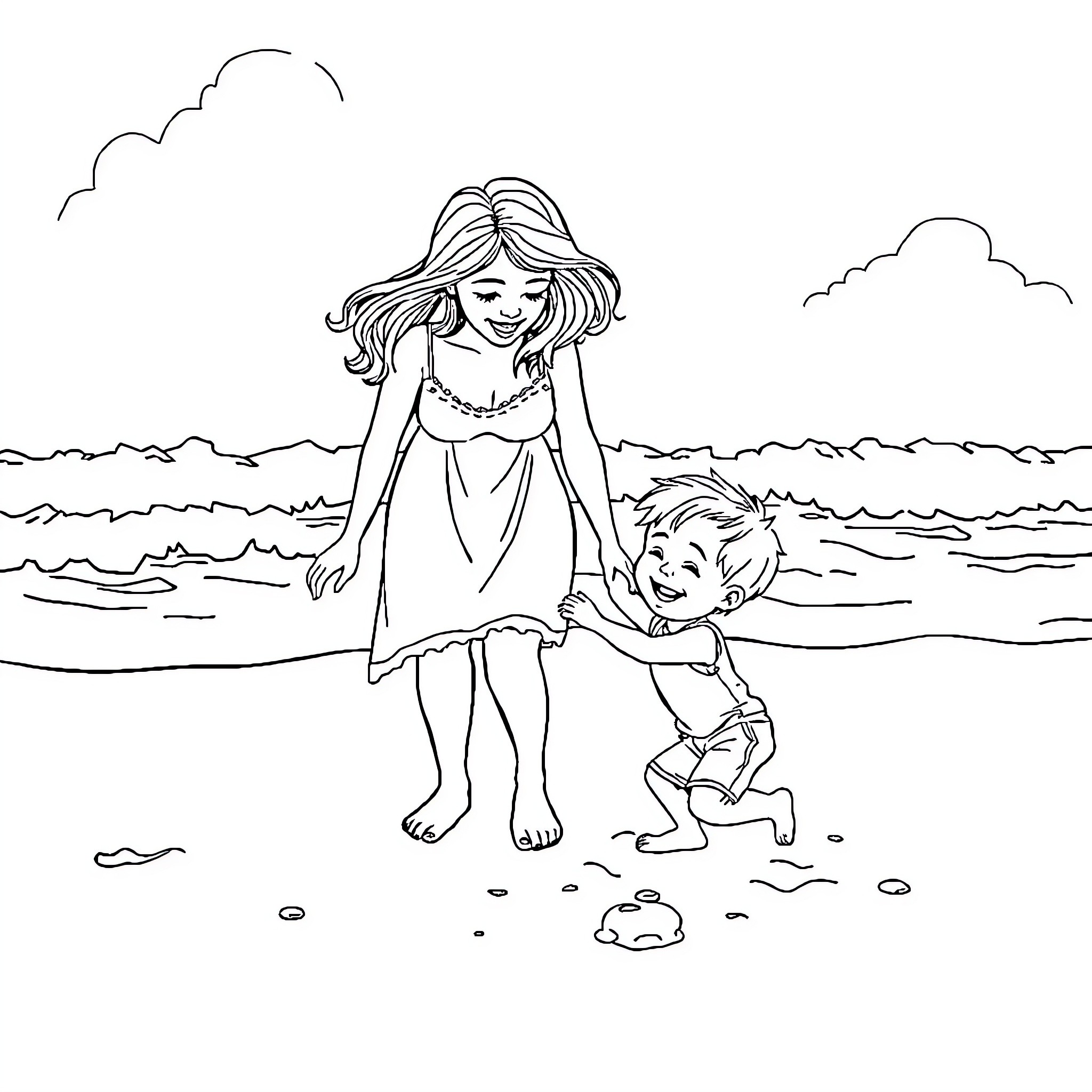 Boy and girl playing happily on the beach Coloring Page (free black-and-white line drawing printable PDF for all, from beginners to advanced learners, including children, teens, adults, and seniors)