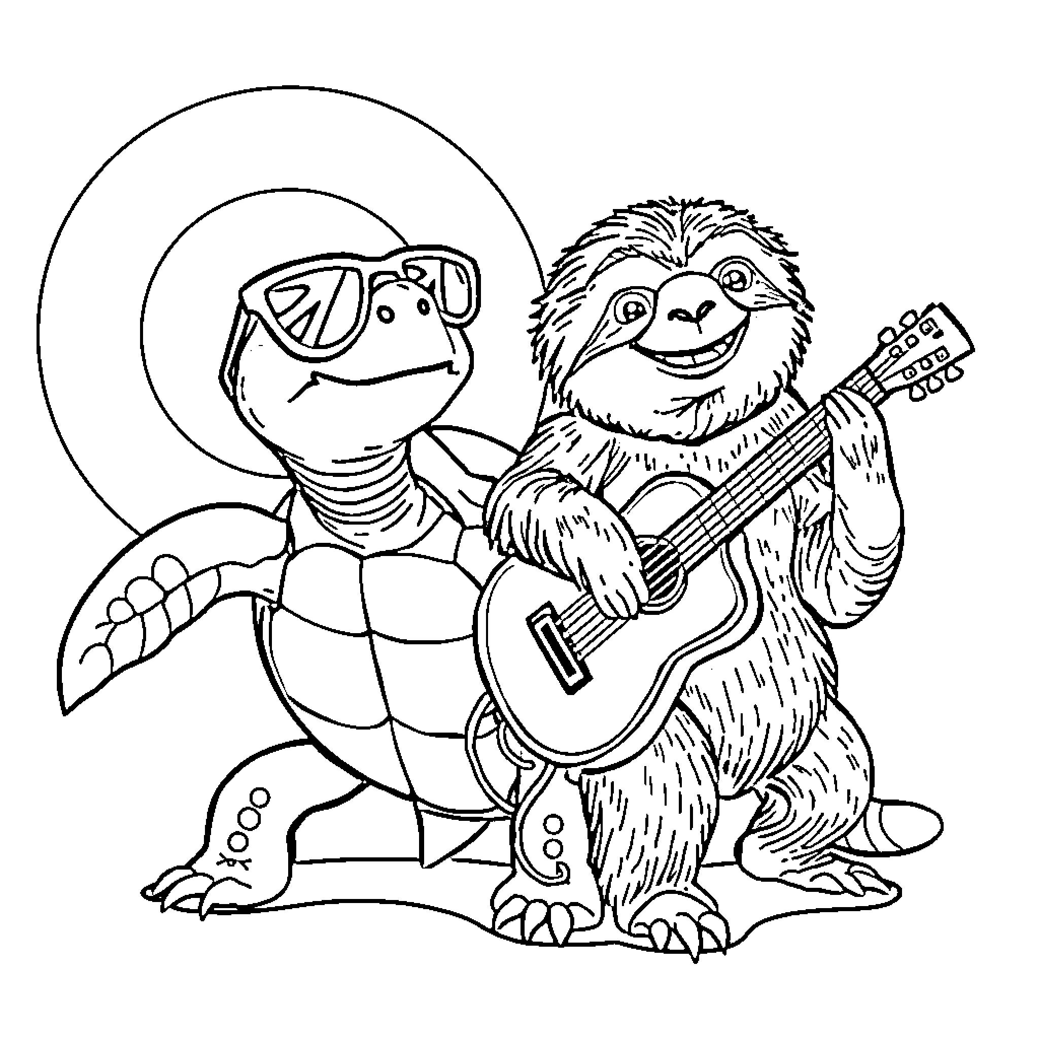 Turtle musician and sloth guitarist perform together Coloring Page (free black-and-white line drawing printable PDF for all, from beginners to advanced learners, including children, teens, adults, and seniors)