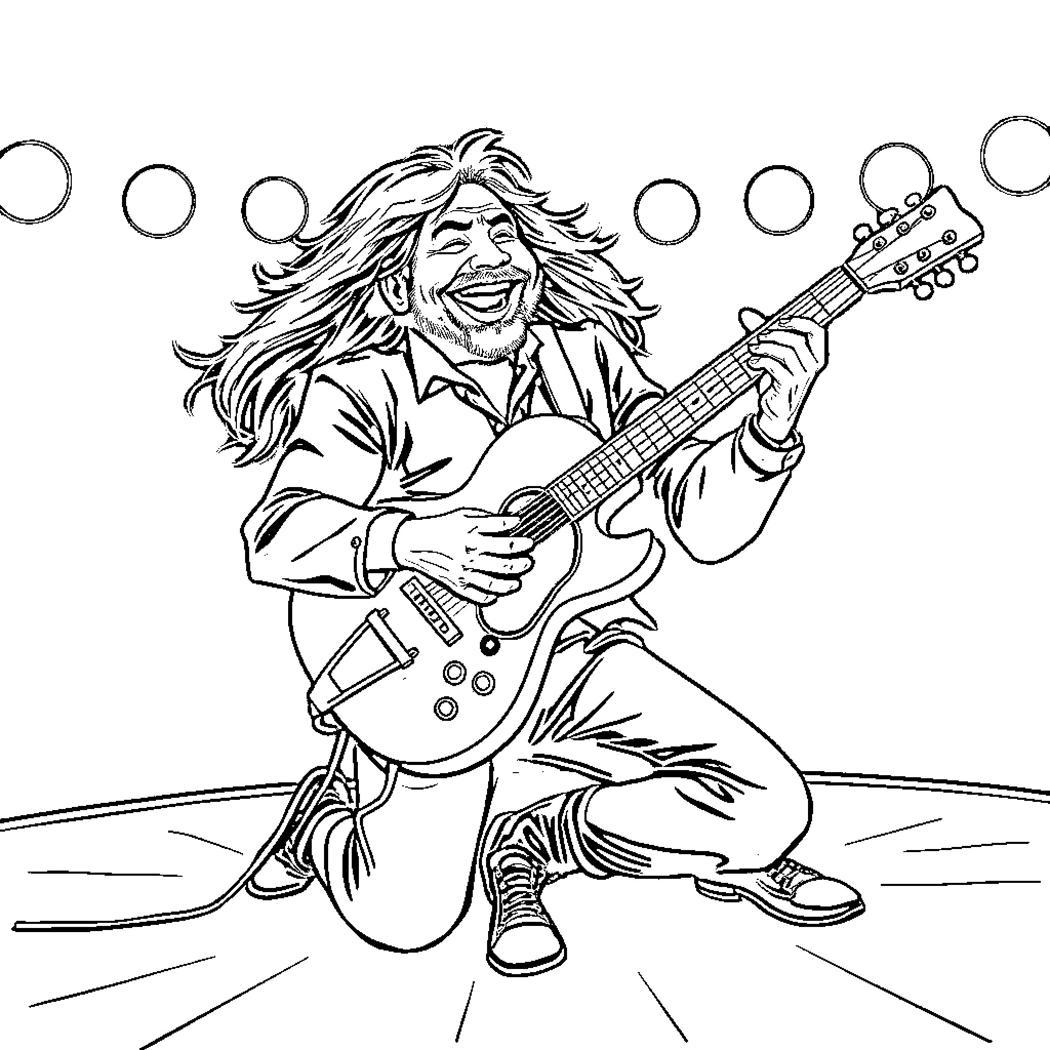 Eddie Munson Joyfully Performing with Electric Guitar Coloring Page (free black-and-white line drawing printable PDF for all, from beginners to advanced learners, including children, teens, adults, and seniors)