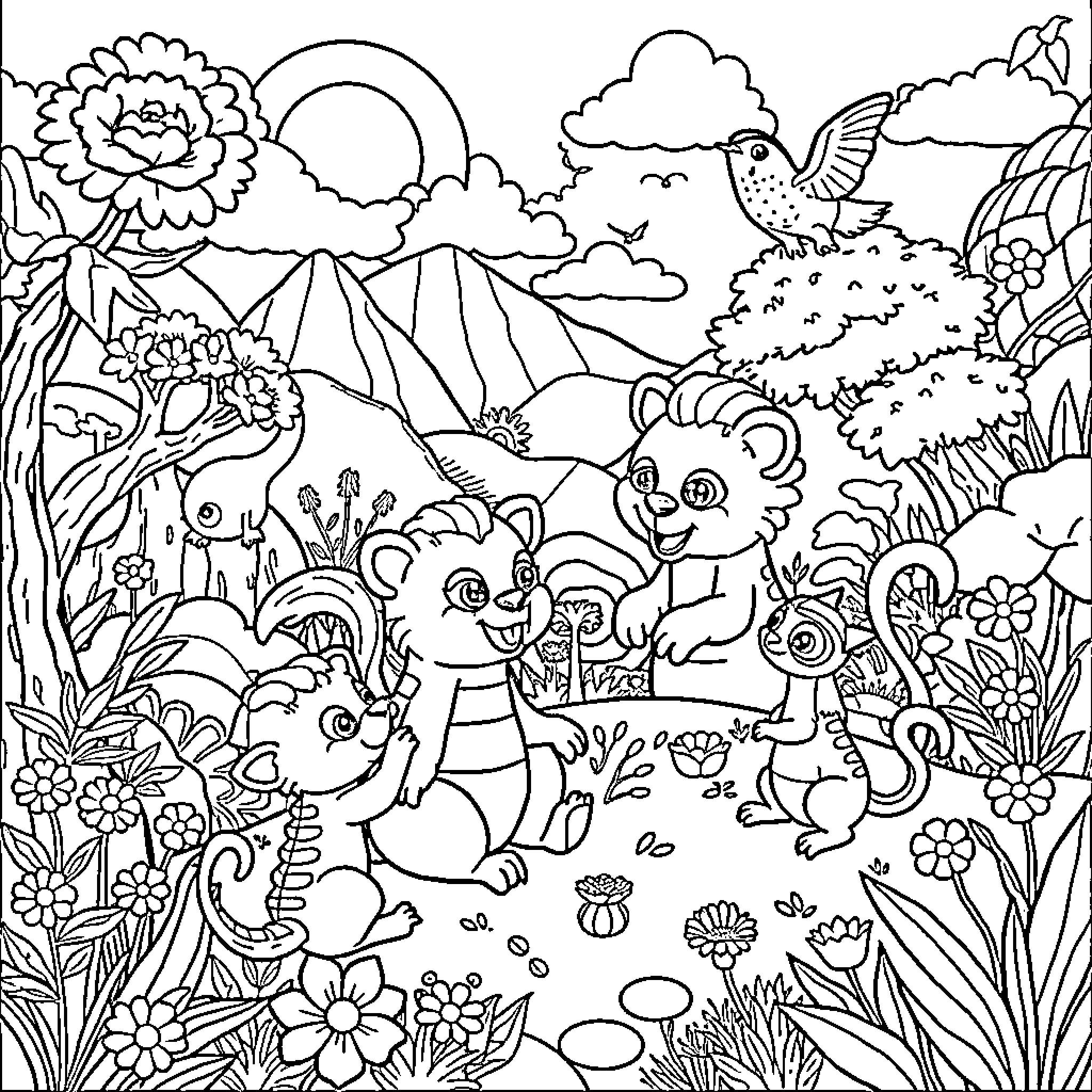 Pal's Playful Adventure in the Enchanting Garden Coloring Page (free black-and-white line drawing printable PDF for all, from beginners to advanced learners, including children, teens, adults, and seniors)