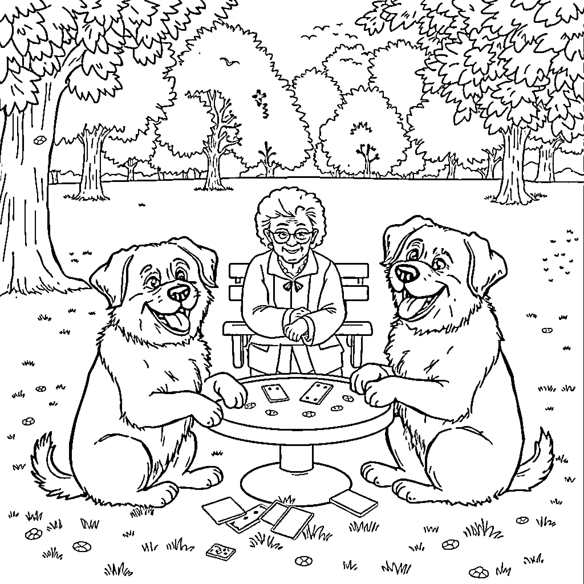 Hund enjoying picnic with elderly woman in park Coloring Page (free black-and-white line drawing printable PDF for all, from beginners to advanced learners, including children, teens, adults, and seniors)