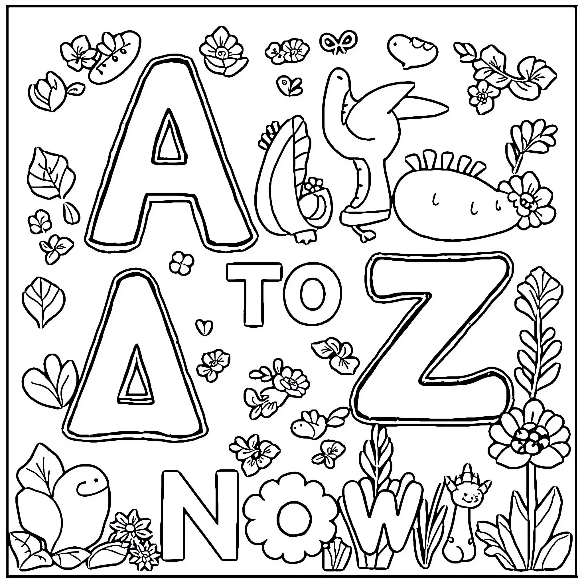 Book of nature-inspired alphabet doodles Coloring Page (free black-and-white line drawing printable PDF for all, from beginners to advanced learners, including children, teens, adults, and seniors)