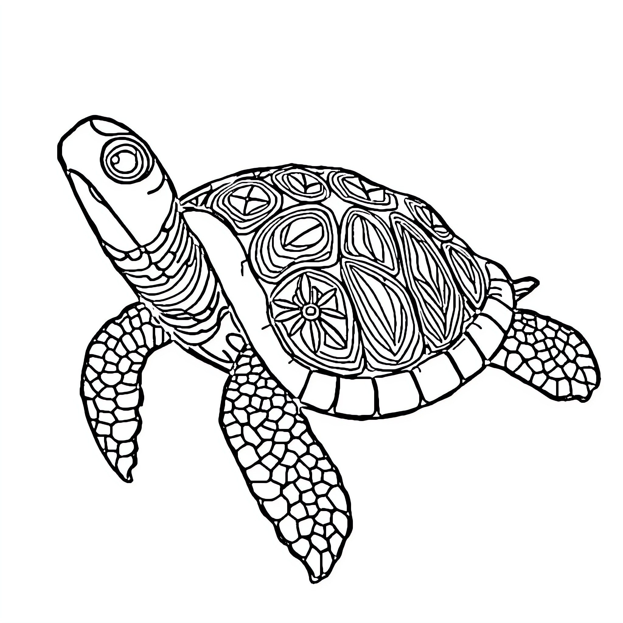 Turtle with intricate shell pattern Coloring Page (free black-and-white line drawing printable PDF for all, from beginners to advanced learners, including children, teens, adults, and seniors)