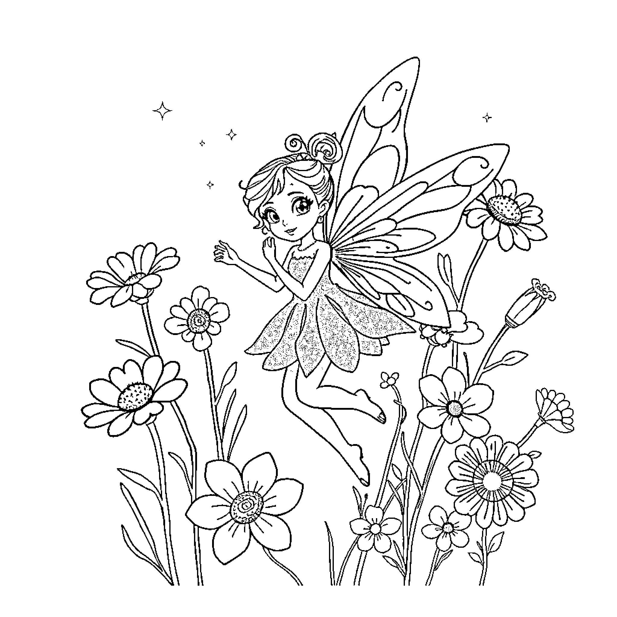 Fairy playing among blooming flowers Coloring Page (free black-and-white line drawing printable PDF for all, from beginners to advanced learners, including children, teens, adults, and seniors)