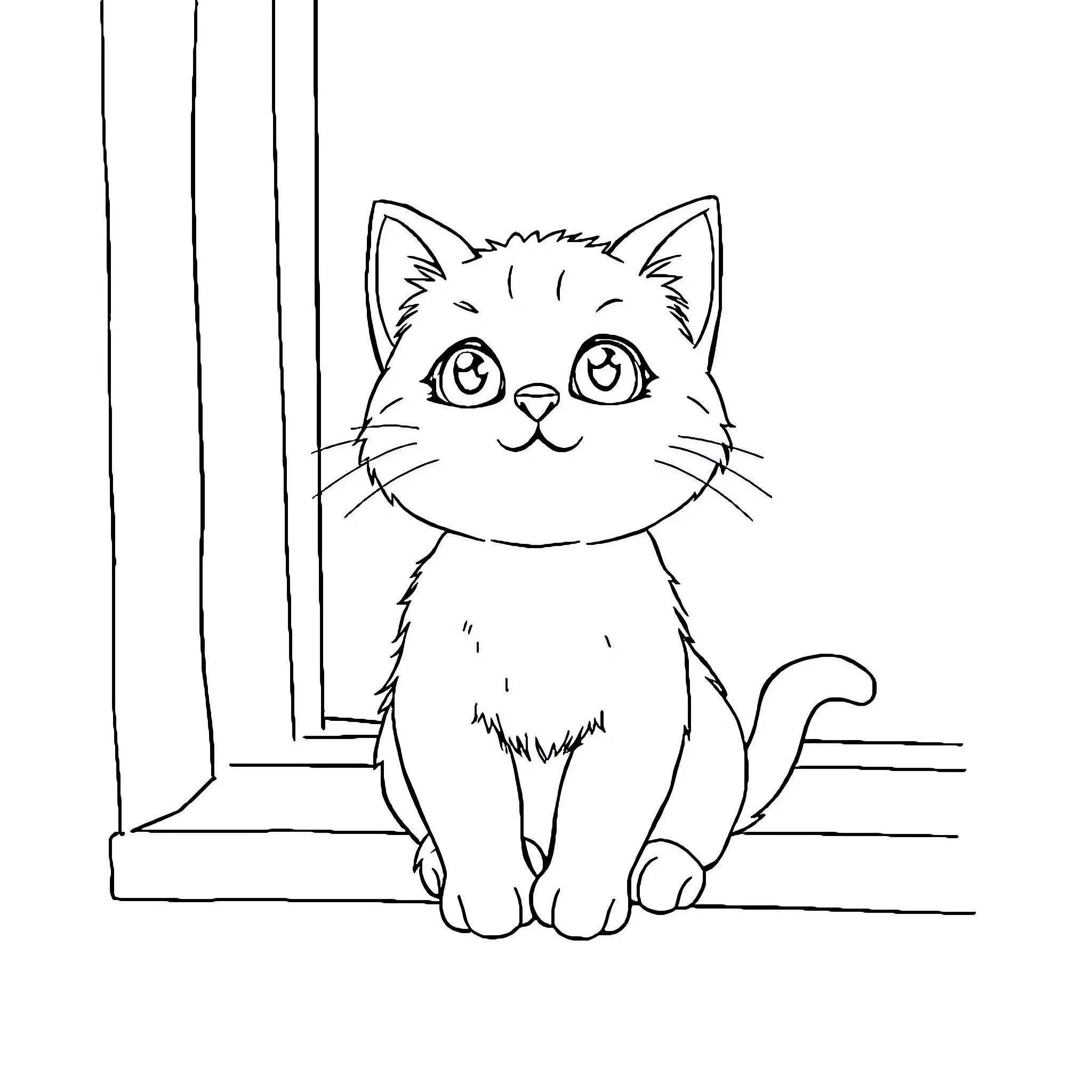 Cat sitting calmly in front of window Coloring Page (free black-and-white line drawing printable PDF for all, from beginners to advanced learners, including children, teens, adults, and seniors)