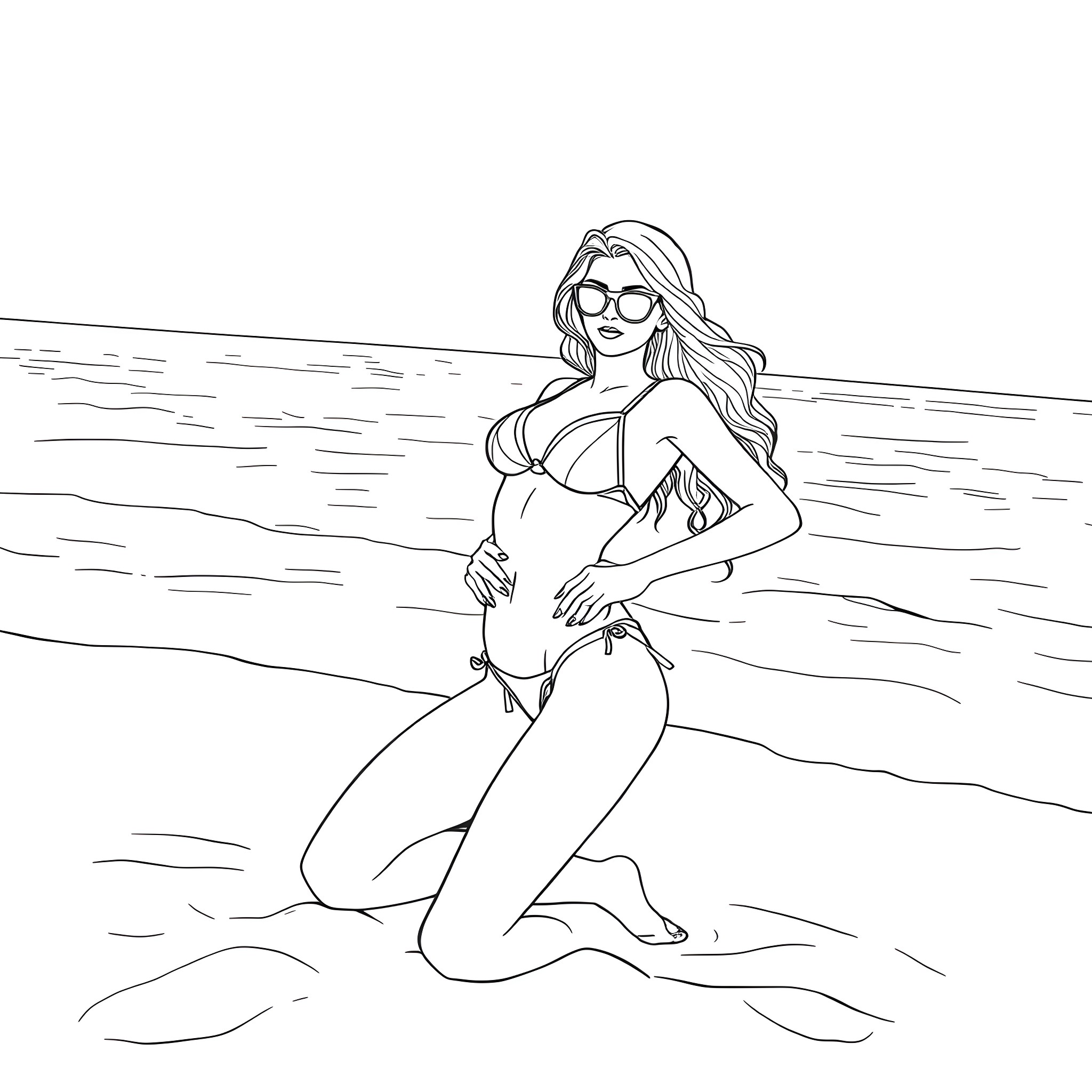 Woman in swimsuit posing on the beach Coloring Page (free black-and-white line drawing printable PDF for all, from beginners to advanced learners, including children, teens, adults, and seniors)