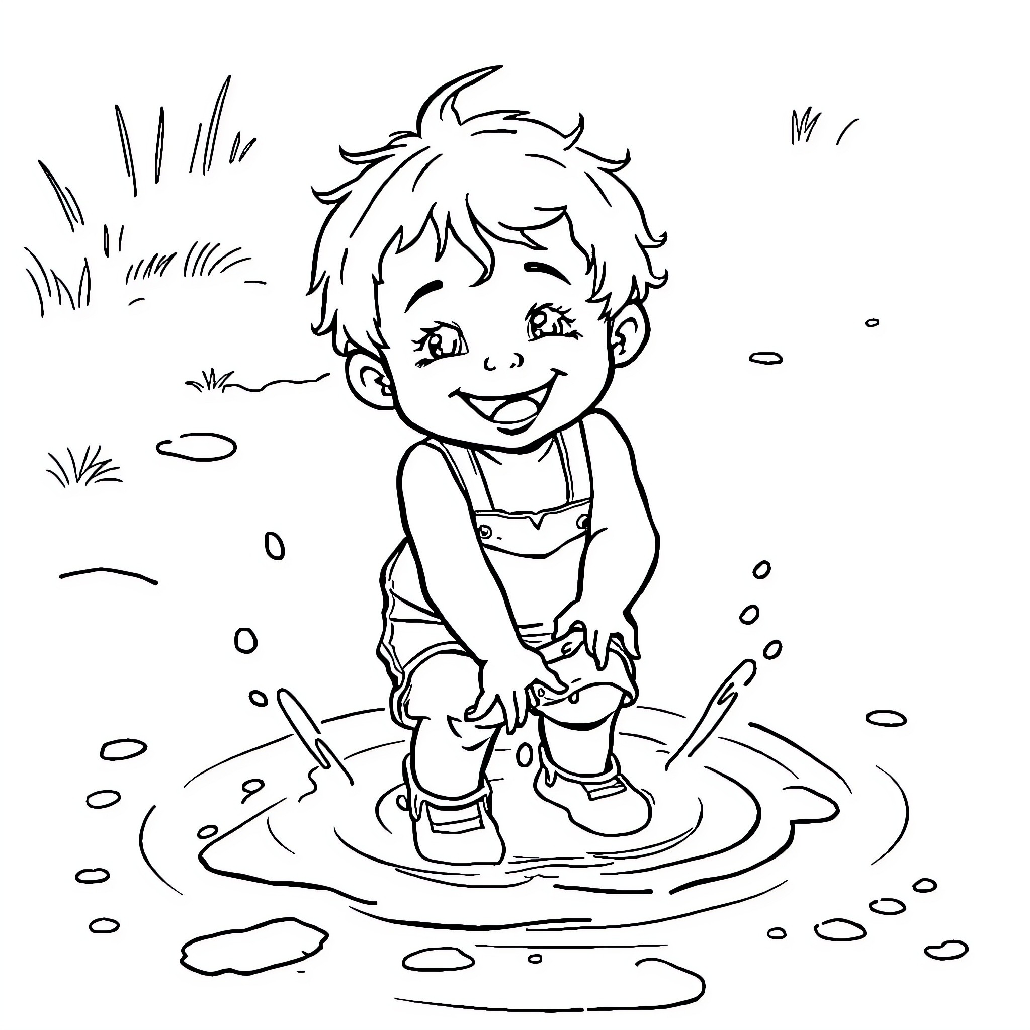 Child playing happily in a puddle Coloring Page (free black-and-white line drawing printable PDF for all, from beginners to advanced learners, including children, teens, adults, and seniors)