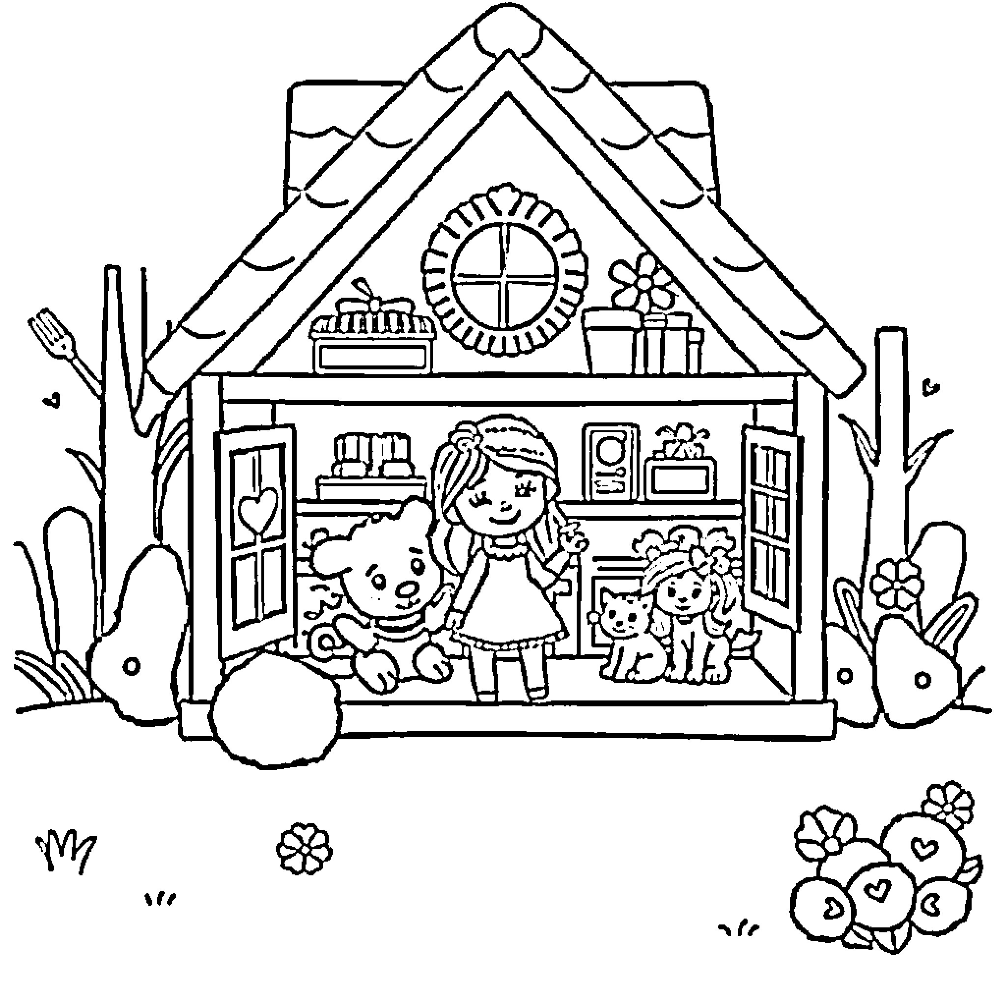 Dollhouse with toys and figurines inside Coloring Page (free black-and-white line drawing printable PDF for all, from beginners to advanced learners, including children, teens, adults, and seniors)