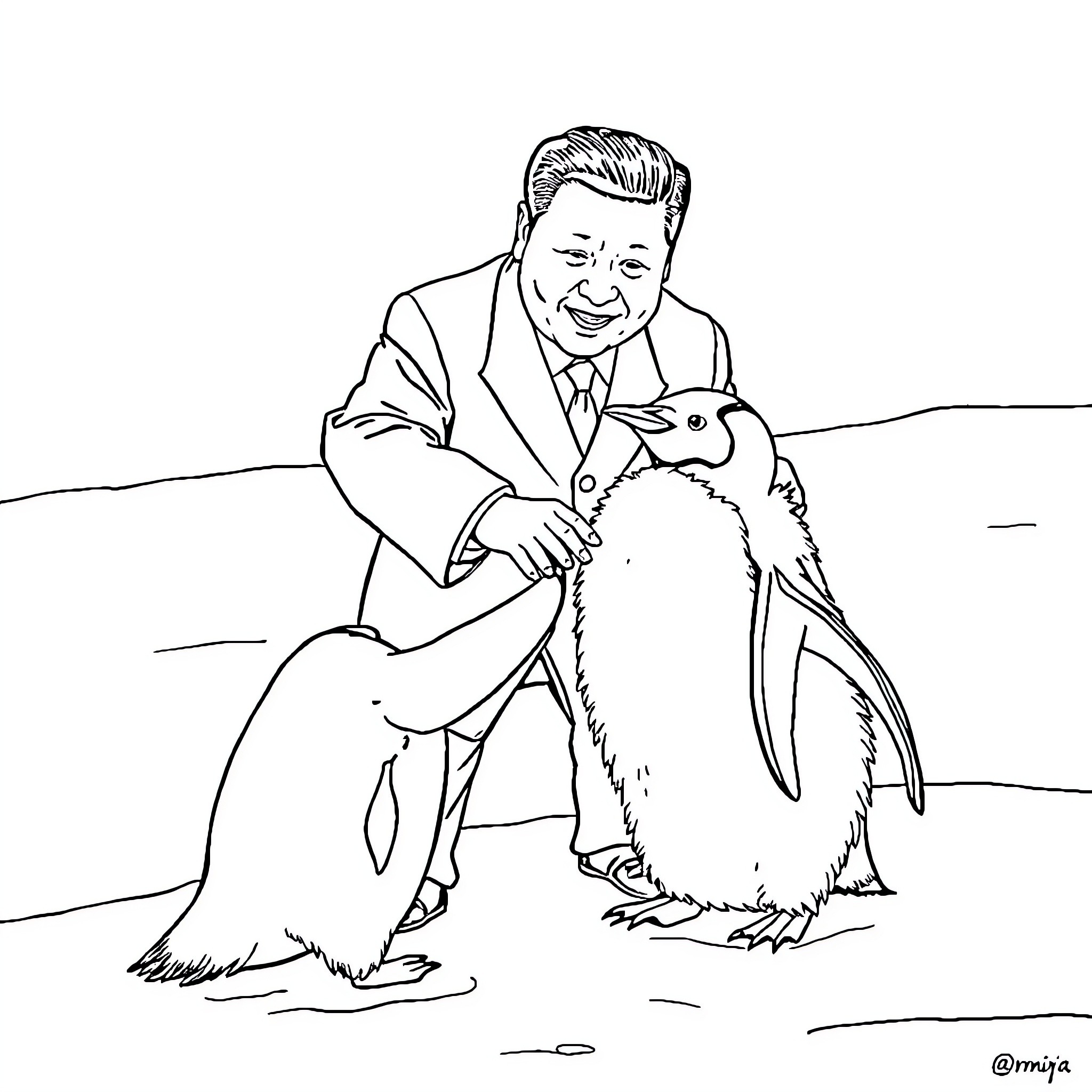 Penguin being petted by kind gentleman Coloring Page (free black-and-white line drawing printable PDF for all, from beginners to advanced learners, including children, teens, adults, and seniors)