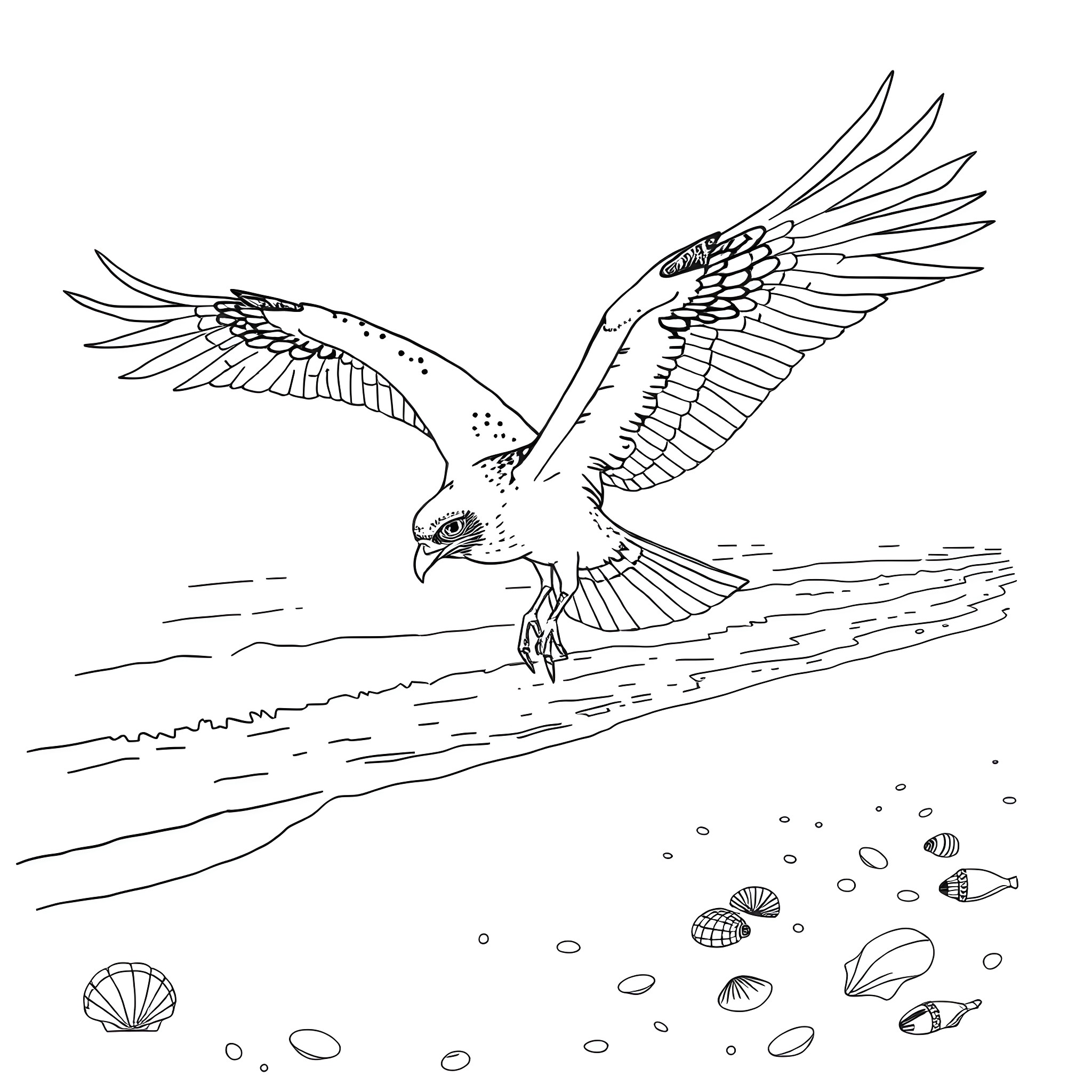 Osprey Diving for Fish in the Ocean Coloring Page (free black-and-white line drawing printable PDF for all, from beginners to advanced learners, including children, teens, adults, and seniors)