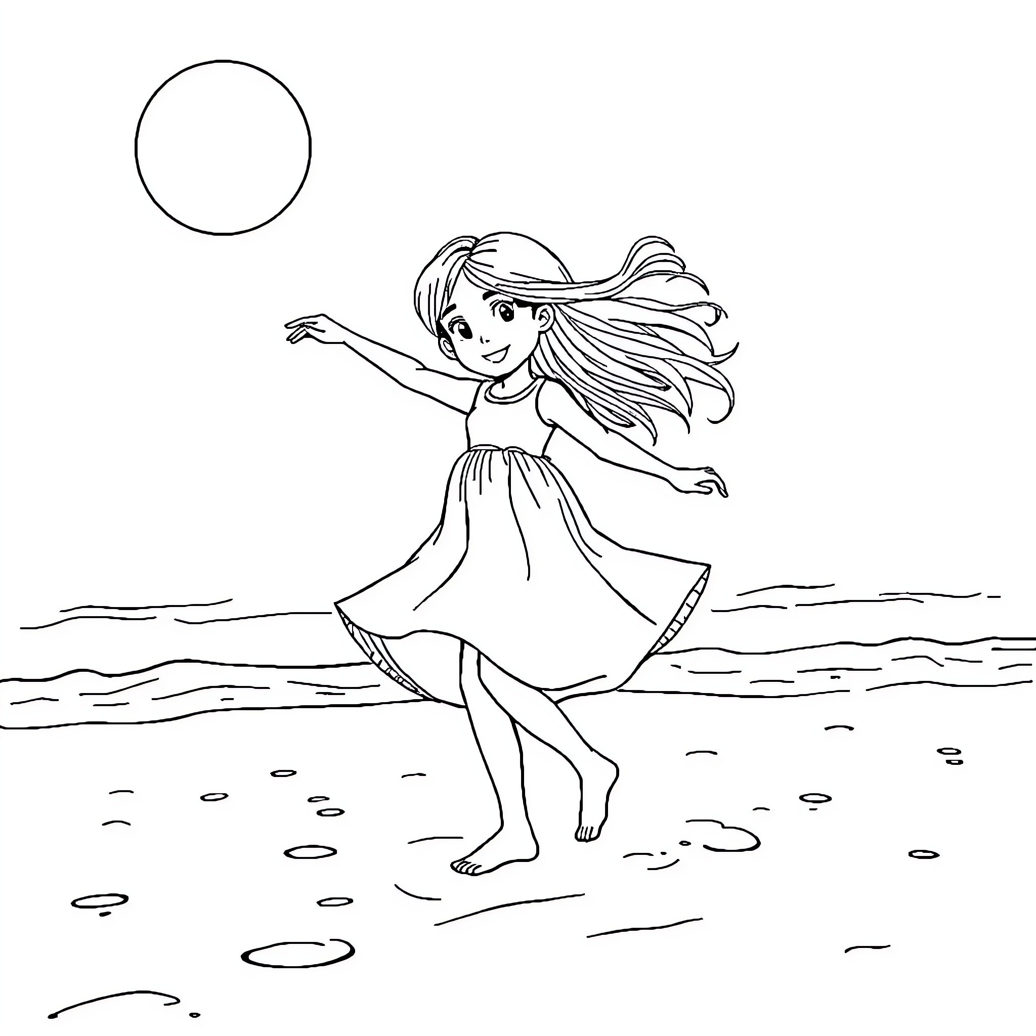Girl dancing happily by the beach Coloring Page (free black-and-white line drawing printable PDF for all, from beginners to advanced learners, including children, teens, adults, and seniors)