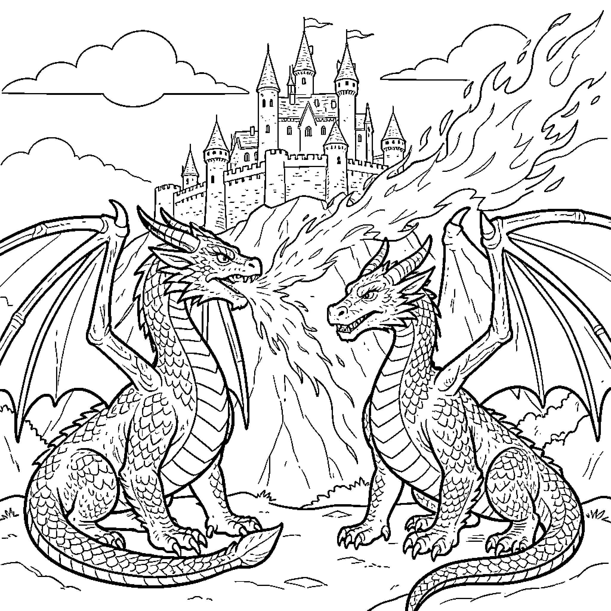 Dragon breathing fire at another dragon near a castle Coloring Page (free black-and-white line drawing printable PDF for all, from beginners to advanced learners, including children, teens, adults, and seniors)