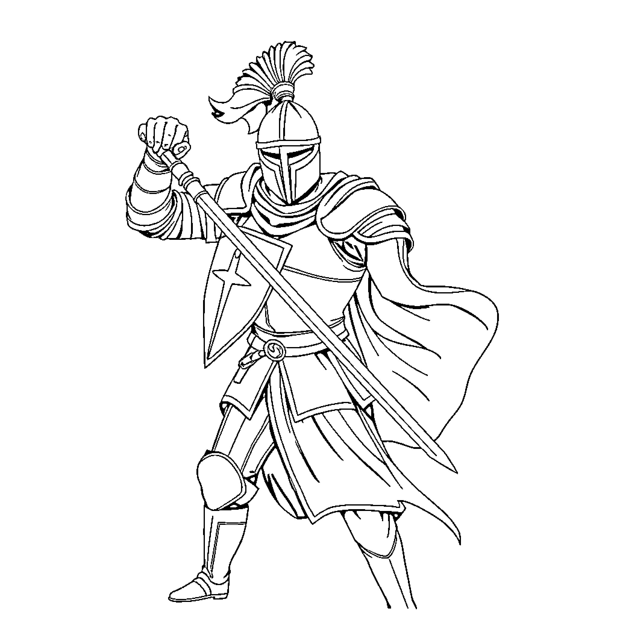Knight in Heroic Stance with Sword and Armor Coloring Page (free black-and-white line drawing printable PDF for all, from beginners to advanced learners, including children, teens, adults, and seniors)