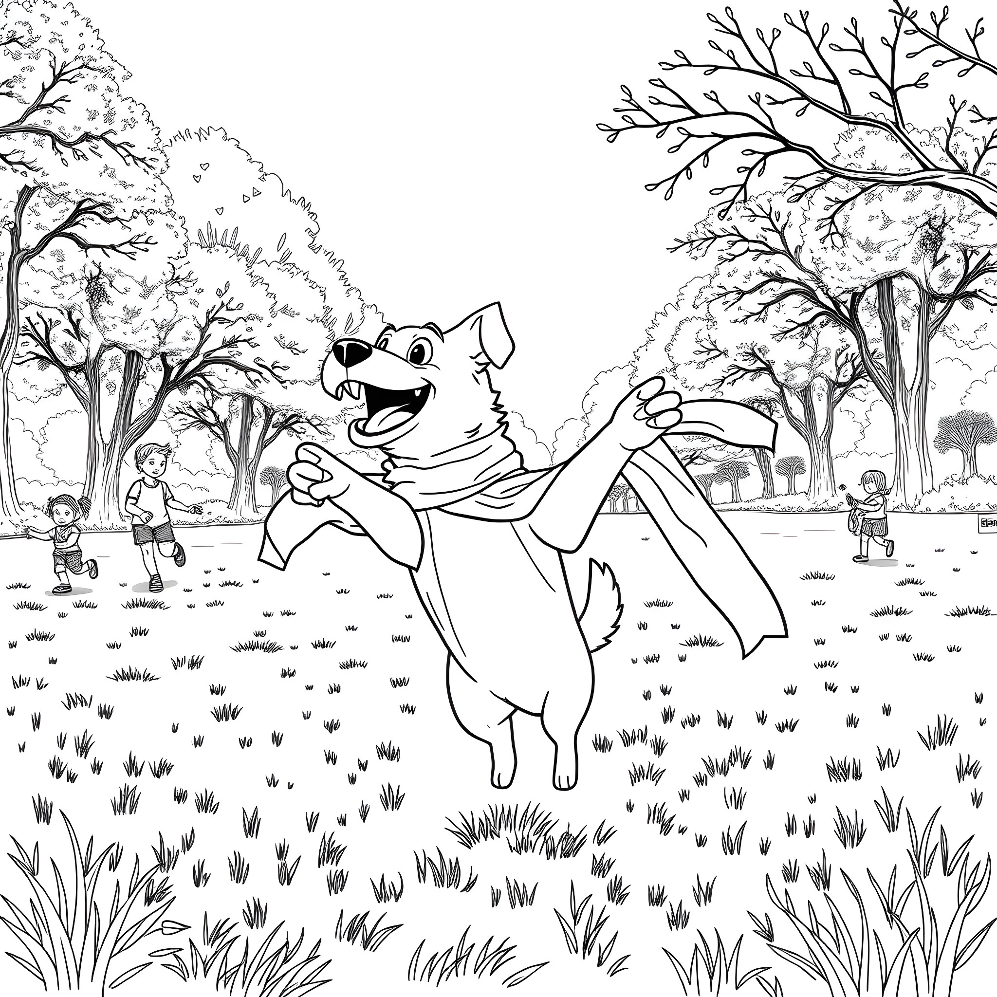 Dog enjoying a playful day in the park Coloring Page (free black-and-white line drawing printable PDF for all, from beginners to advanced learners, including children, teens, adults, and seniors)