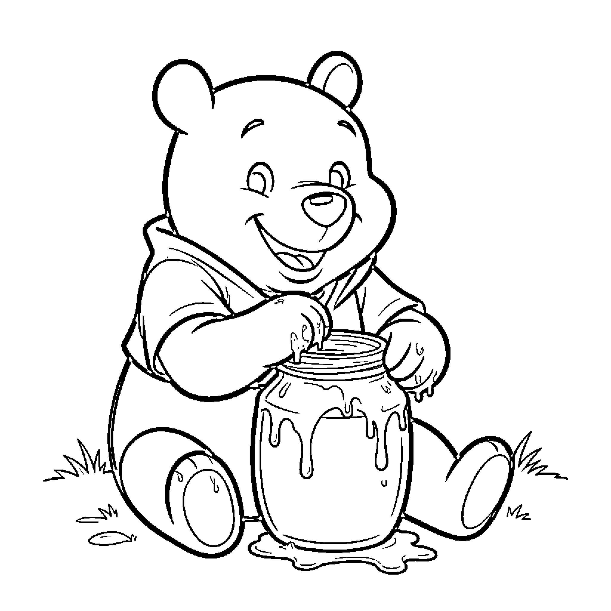 Winnie The Pooh happily eating from a honey jar Coloring Page (free black-and-white line drawing printable PDF for all, from beginners to advanced learners, including children, teens, adults, and seniors)