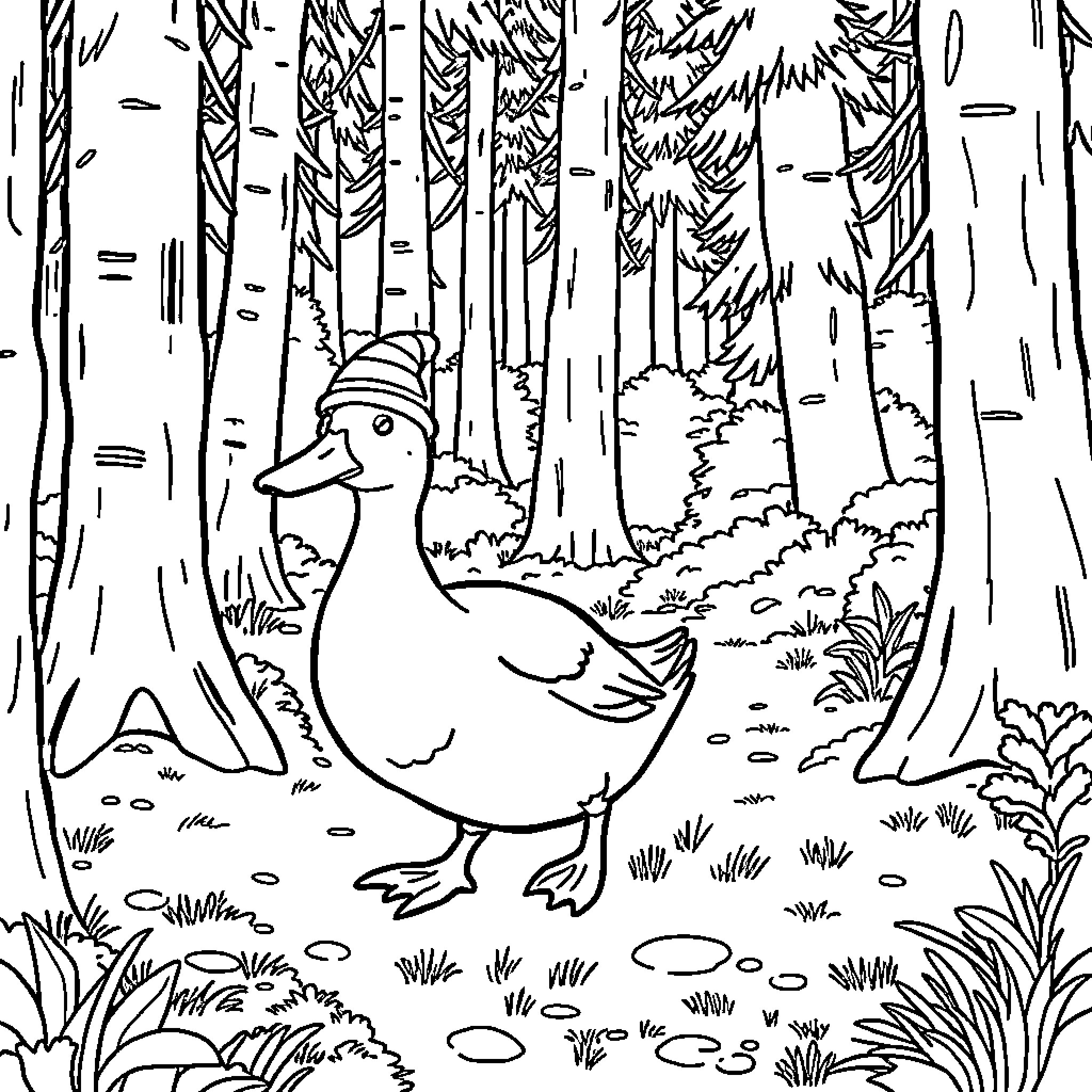 Duck exploring the forest Coloring Page (free black-and-white line drawing printable PDF for all, from beginners to advanced learners, including children, teens, adults, and seniors)