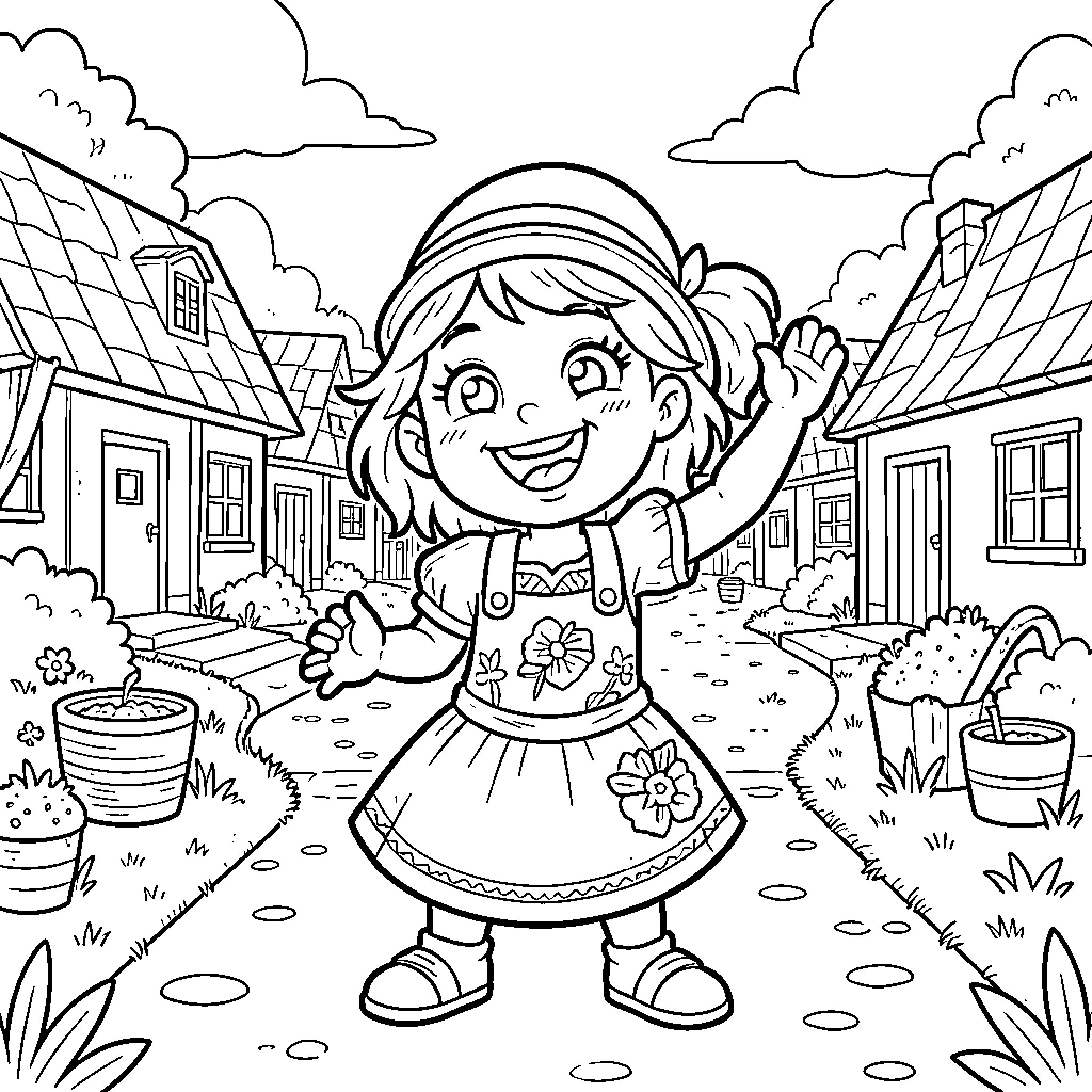 La Bobo happy girl waving in a small village Coloring Page (free black-and-white line drawing printable PDF for all, from beginners to advanced learners, including children, teens, adults, and seniors)