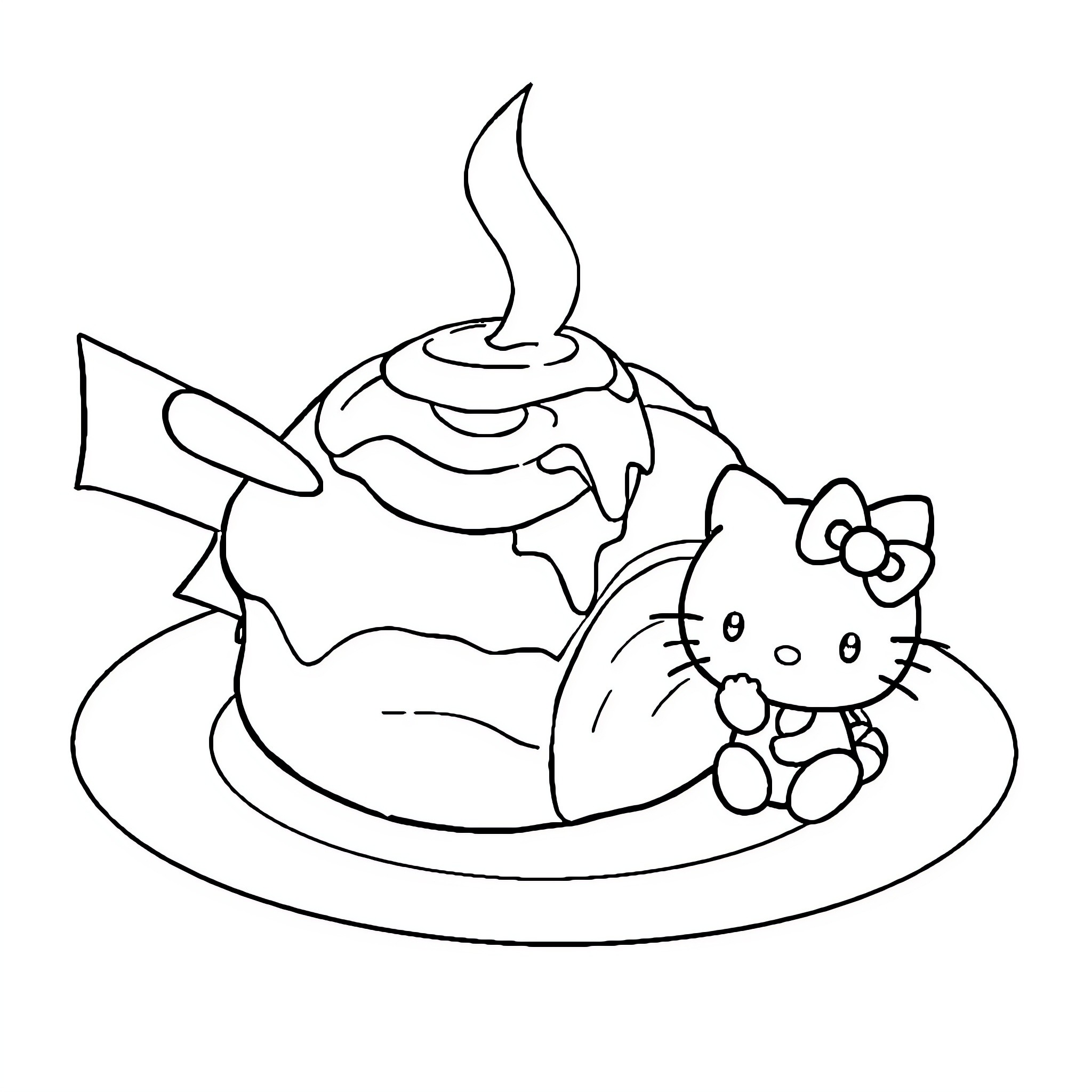 Cinnamon Roll with Cute Kitty Toy Coloring Page (free black-and-white line drawing printable PDF for all, from beginners to advanced learners, including children, teens, adults, and seniors)