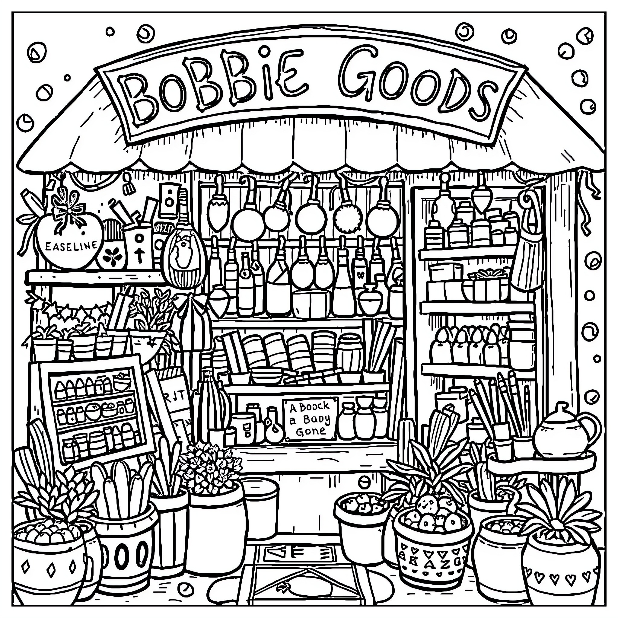 Bobbie Goods' Whimsical Goods and Gifts Emporium Coloring Page (free black-and-white line drawing printable PDF for all, from beginners to advanced learners, including children, teens, adults, and seniors)