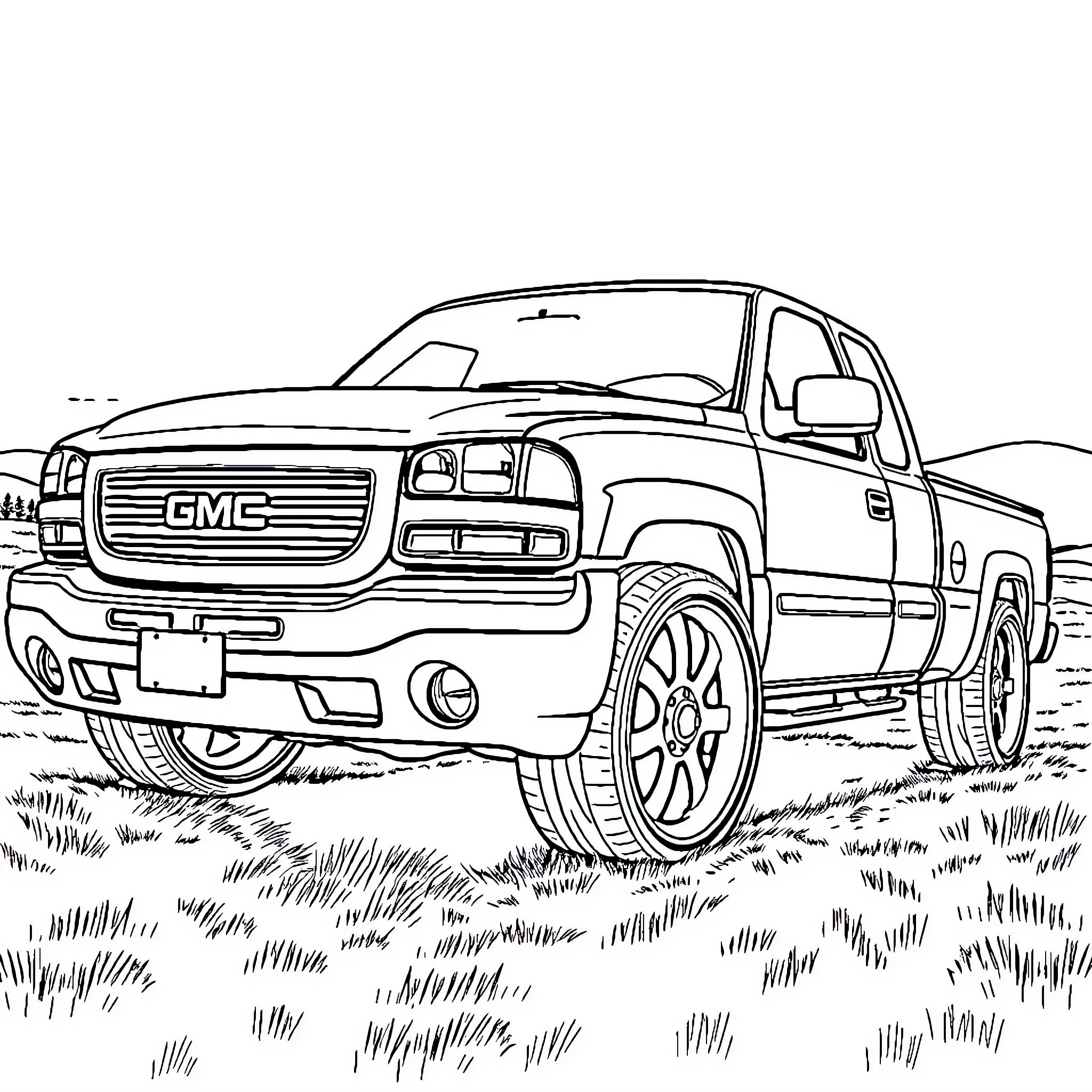 GMC Sierra parked in grassy field Coloring Page (free black-and-white line drawing printable PDF for all, from beginners to advanced learners, including children, teens, adults, and seniors)