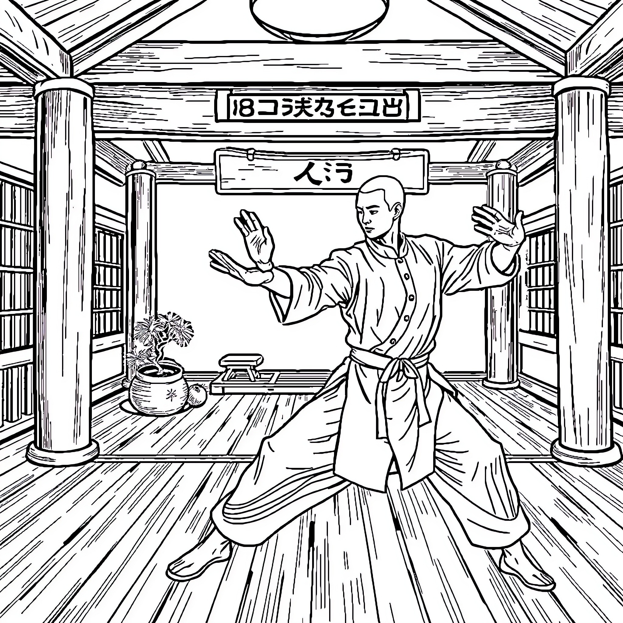 Ipman performs martial arts in a traditional Japanese building Coloring Page (free black-and-white line drawing printable PDF for all, from beginners to advanced learners, including children, teens, adults, and seniors)