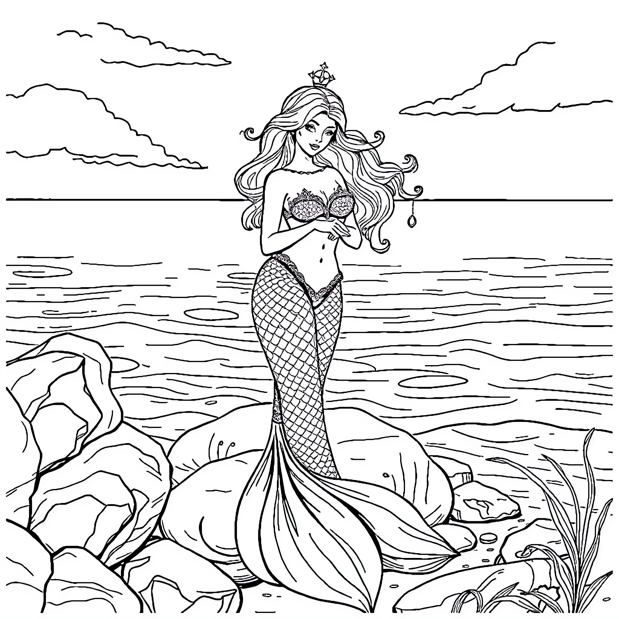 Licone - Mermaid by the Seashore Coloring Page (free black-and-white line drawing printable PDF for all, from beginners to advanced learners, including children, teens, adults, and seniors)