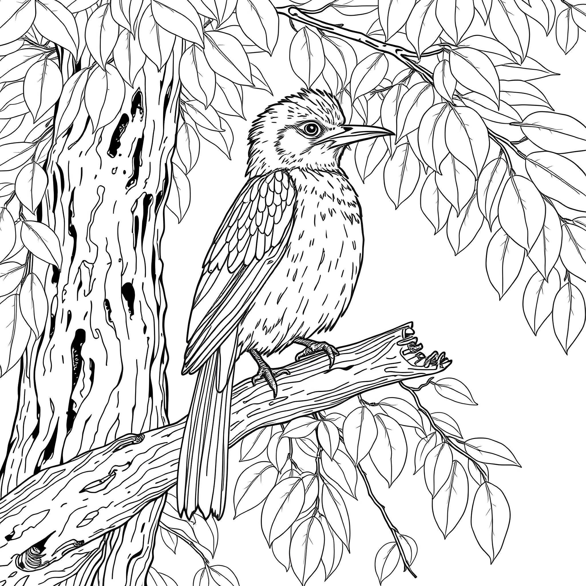 Setophaga Petechia bird perched on tree branch amidst foliage Coloring Page (free black-and-white line drawing printable PDF for all, from beginners to advanced learners, including children, teens, adults, and seniors)