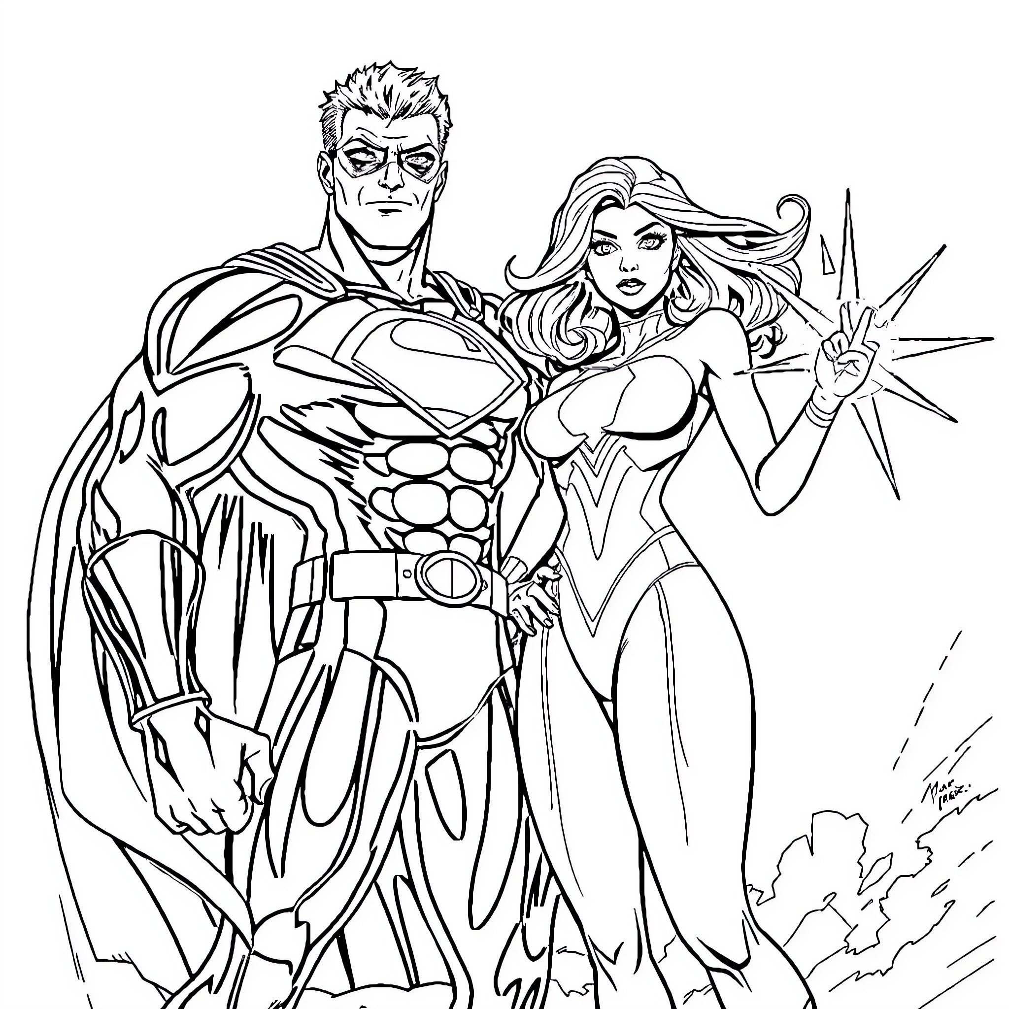Mark and Atom Eve in heroic pose Coloring Page (free black-and-white line drawing printable PDF for all, from beginners to advanced learners, including children, teens, adults, and seniors)