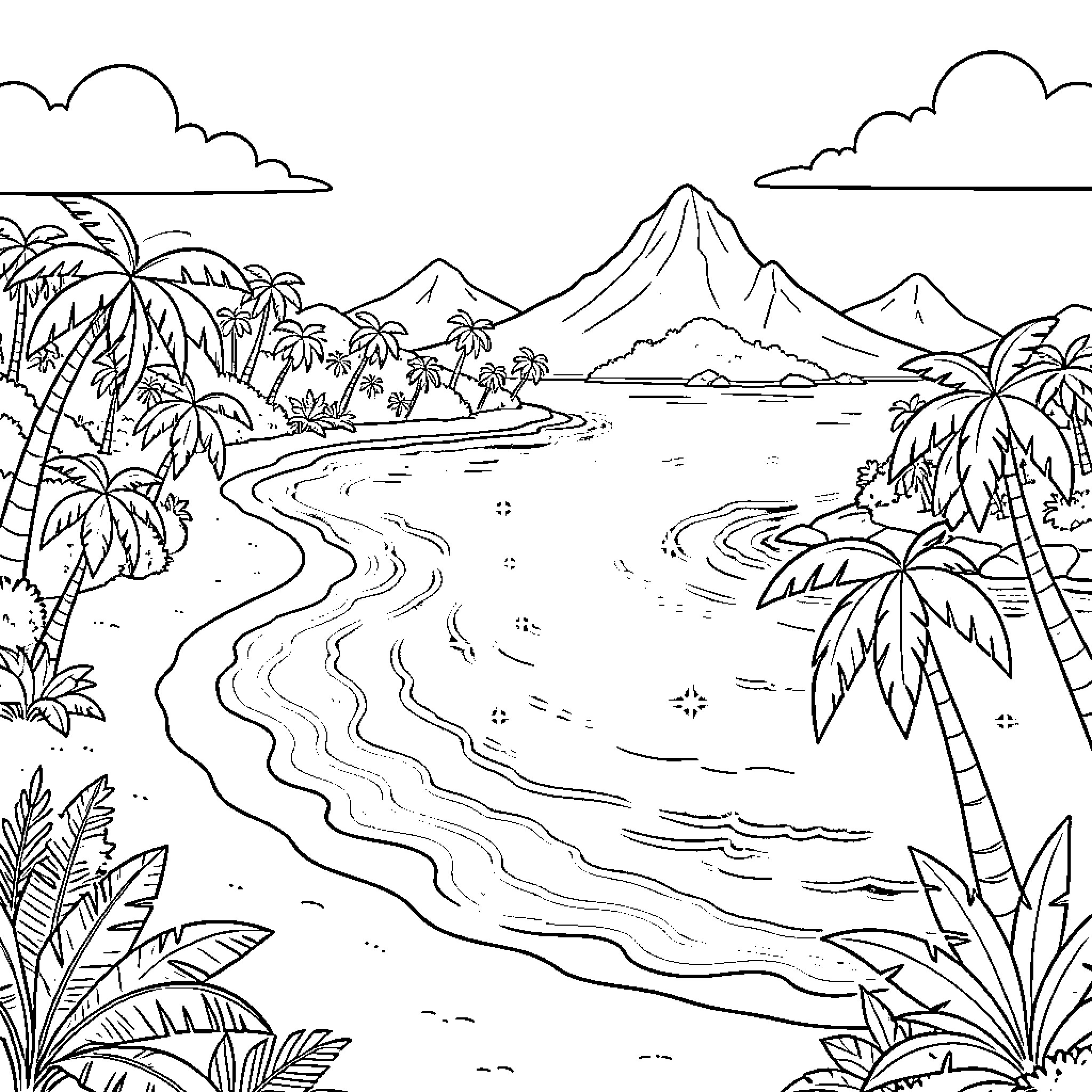 Island paradise with palm trees and mountain landscape Coloring Page (free black-and-white line drawing printable PDF for all, from beginners to advanced learners, including children, teens, adults, and seniors)