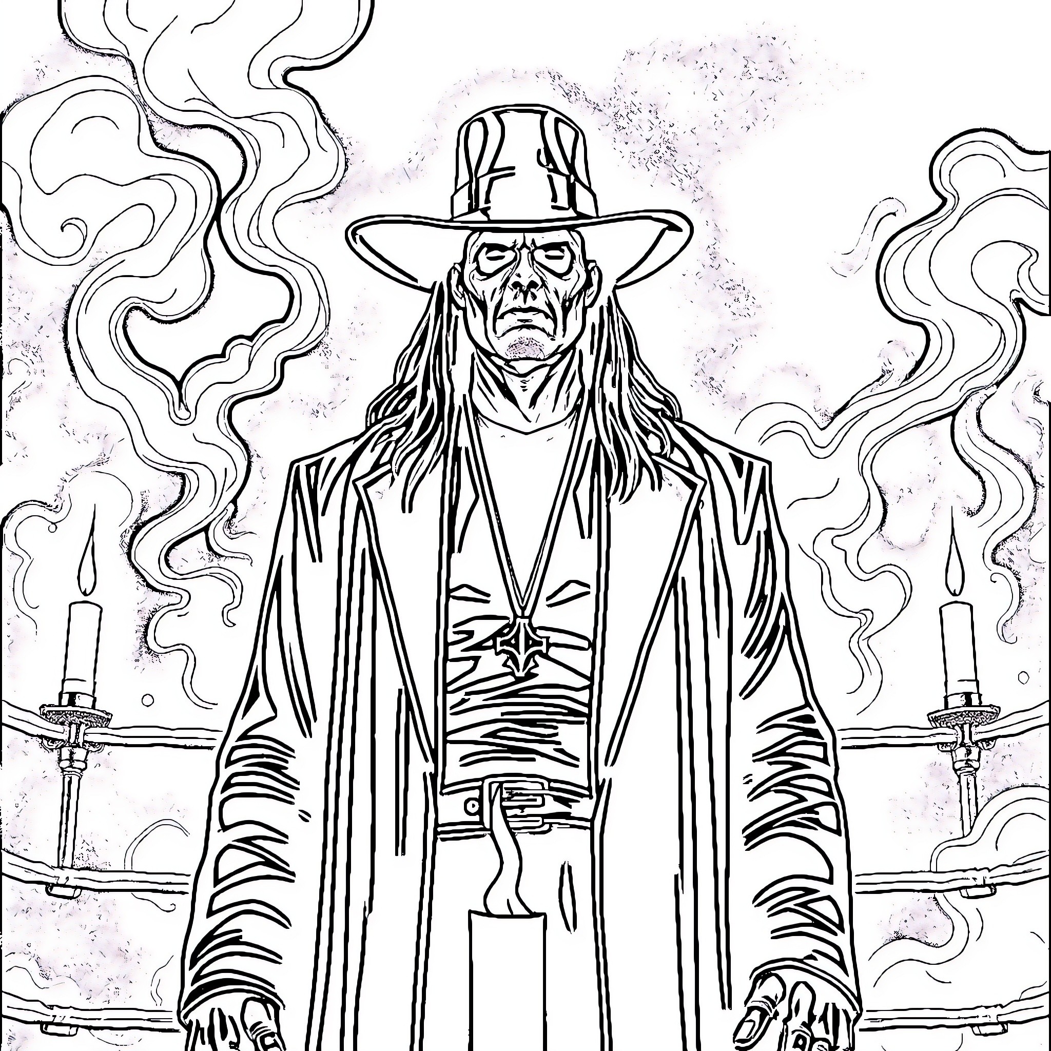 Undertaker in Menacing Pose with Candles Coloring Page (free black-and-white line drawing printable PDF for all, from beginners to advanced learners, including children, teens, adults, and seniors)