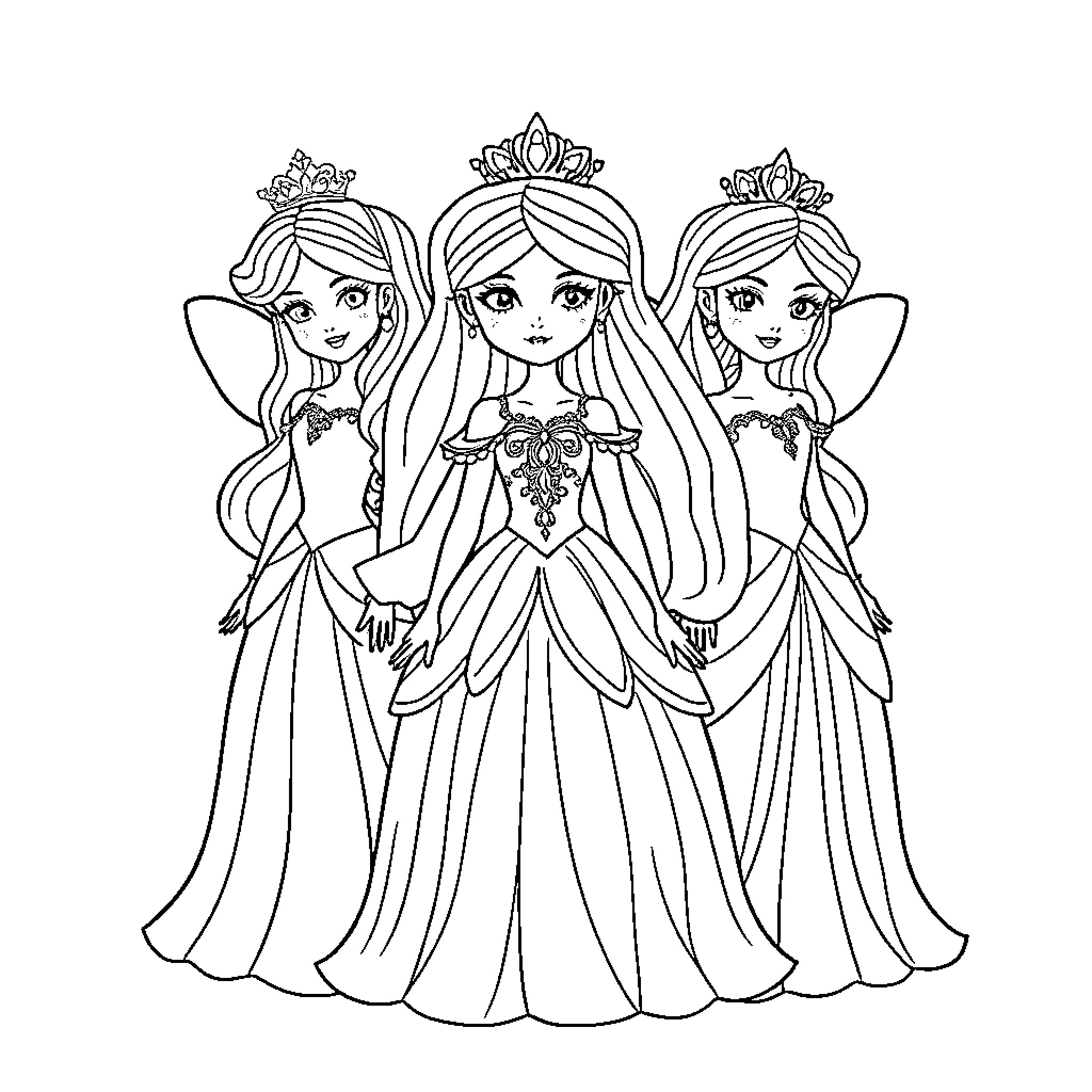 Fairy Princesses in Elegant Gowns and Tiaras Coloring Page (free black-and-white line drawing printable PDF for all, from beginners to advanced learners, including children, teens, adults, and seniors)