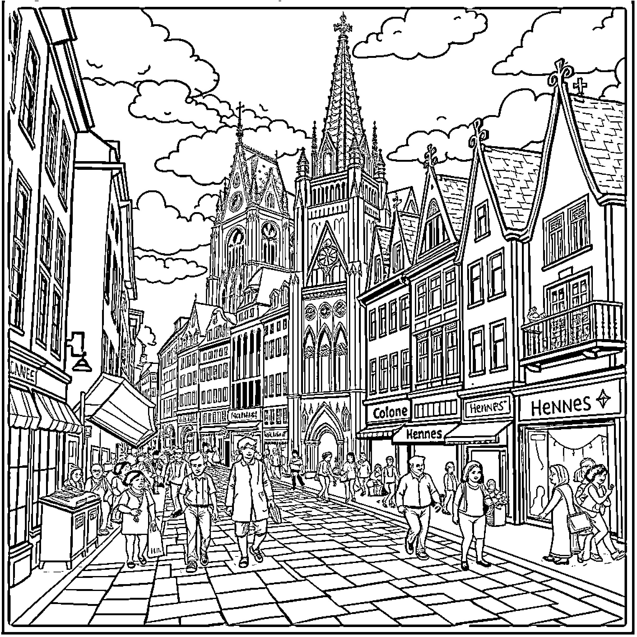City bustling with lively pedestrians near historic cathedral Coloring Page (free black-and-white line drawing printable PDF for all, from beginners to advanced learners, including children, teens, adults, and seniors)
