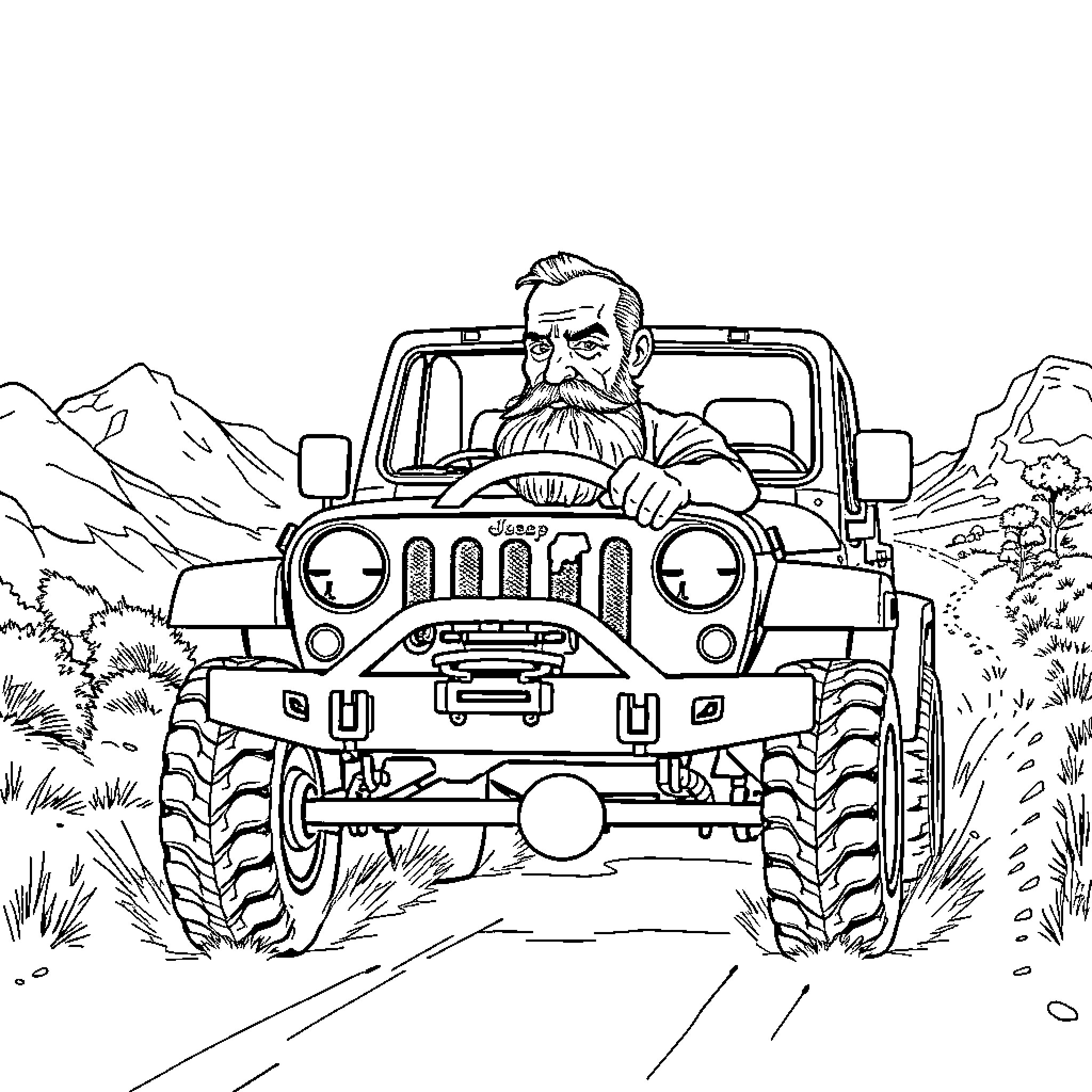 Man driving off-road vehicle in the mountains Coloring Page (free black-and-white line drawing printable PDF for all, from beginners to advanced learners, including children, teens, adults, and seniors)