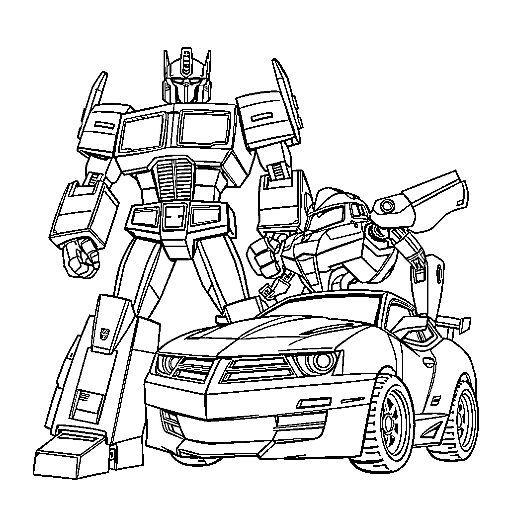 Optimus Prime transforms into powerful robot mode Coloring Page (free black-and-white line drawing printable PDF for all, from beginners to advanced learners, including children, teens, adults, and seniors)
