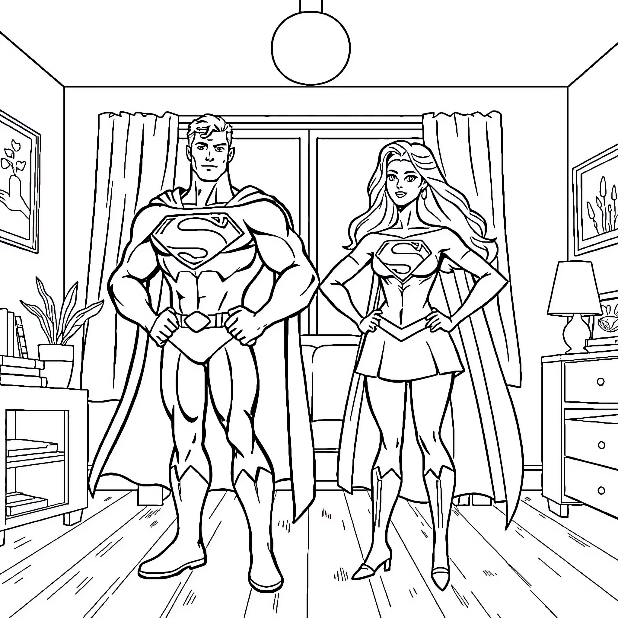 Superman and Superwoman stand heroically in the room Coloring Page (free black-and-white line drawing printable PDF for all, from beginners to advanced learners, including children, teens, adults, and seniors)