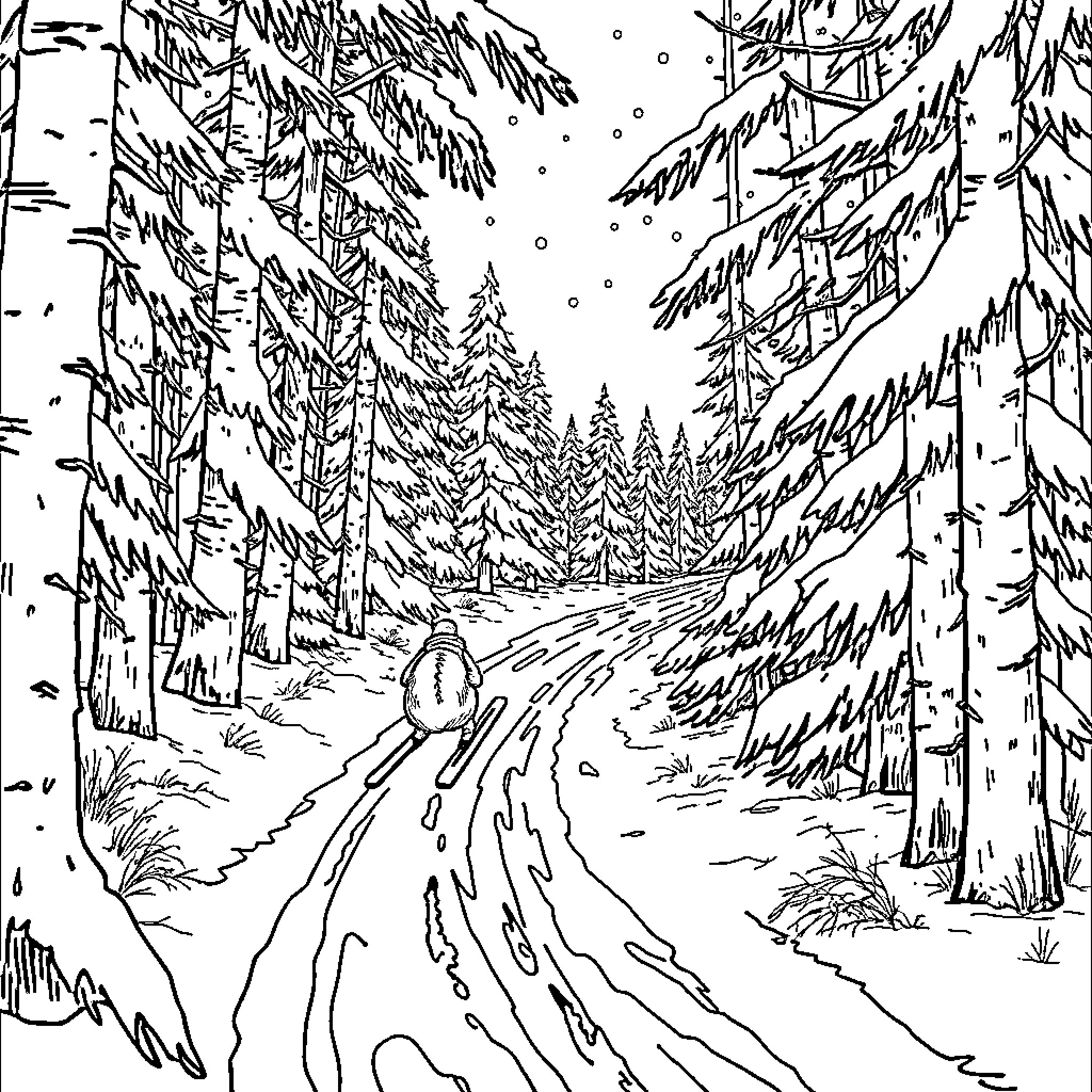 Skiing through the snowy winter wonderland Coloring Page (free black-and-white line drawing printable PDF for all, from beginners to advanced learners, including children, teens, adults, and seniors)