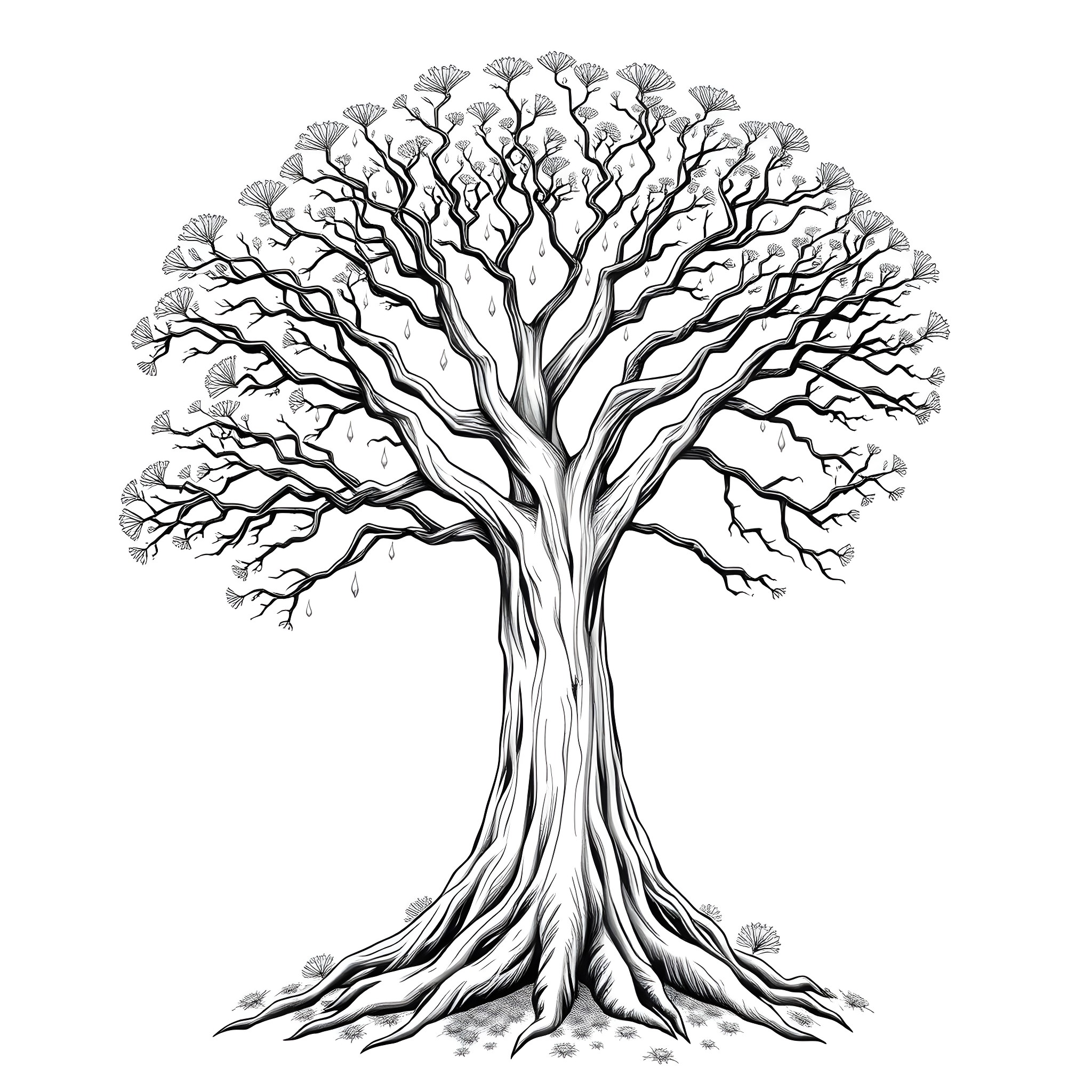 Tree with Intricate Branches and Foliage Coloring Page (free black-and-white line drawing printable PDF for all, from beginners to advanced learners, including children, teens, adults, and seniors)