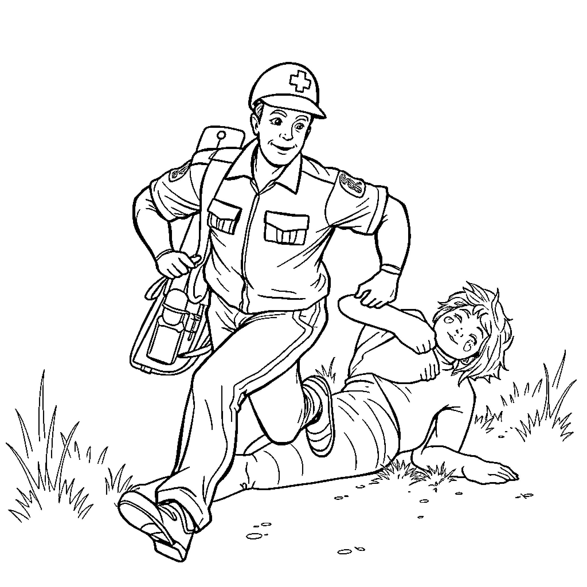 Paramedic assisting an injured person outdoors Coloring Page (free black-and-white line drawing printable PDF for all, from beginners to advanced learners, including children, teens, adults, and seniors)