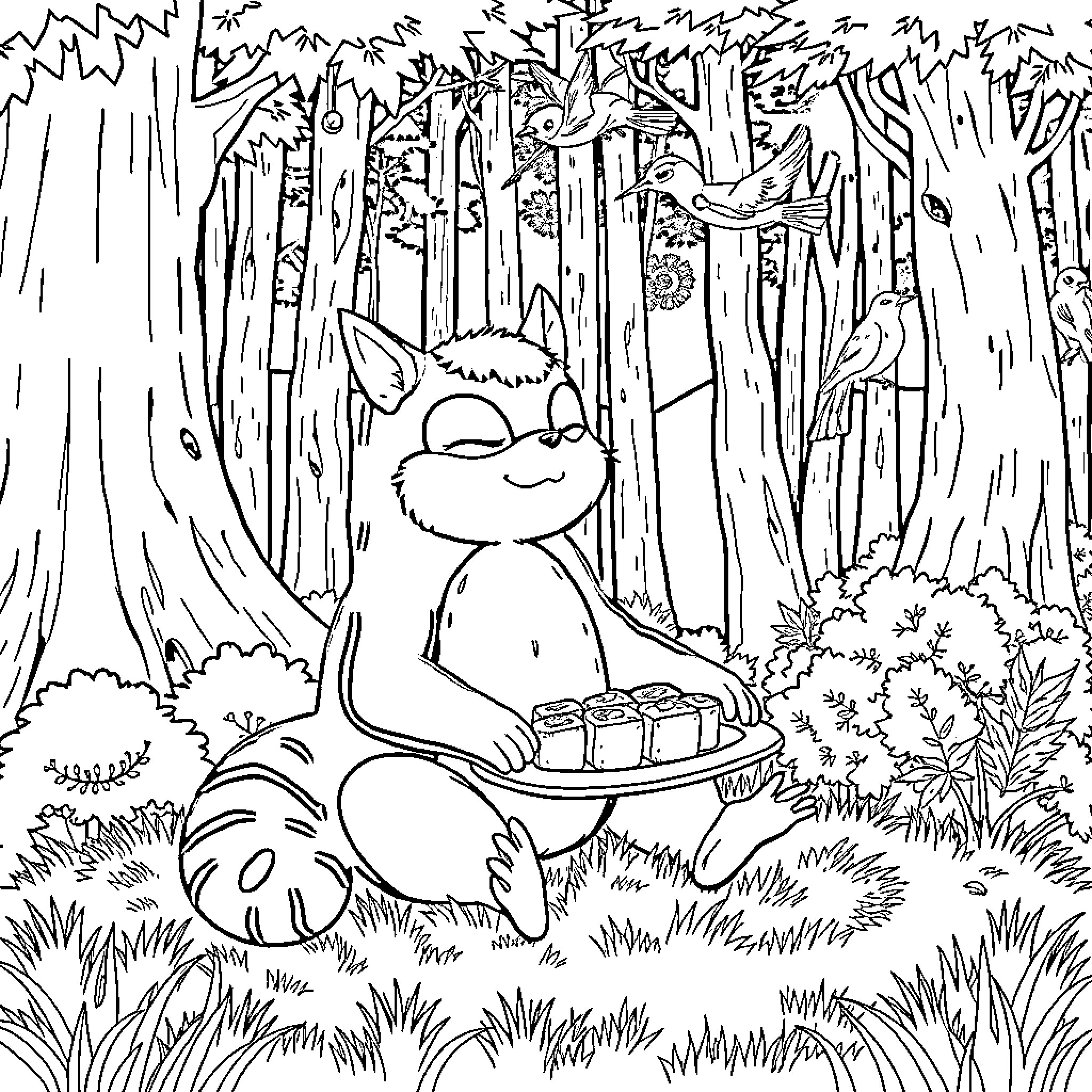 Gojou relaxing in the forest with treats Coloring Page (free black-and-white line drawing printable PDF for all, from beginners to advanced learners, including children, teens, adults, and seniors)