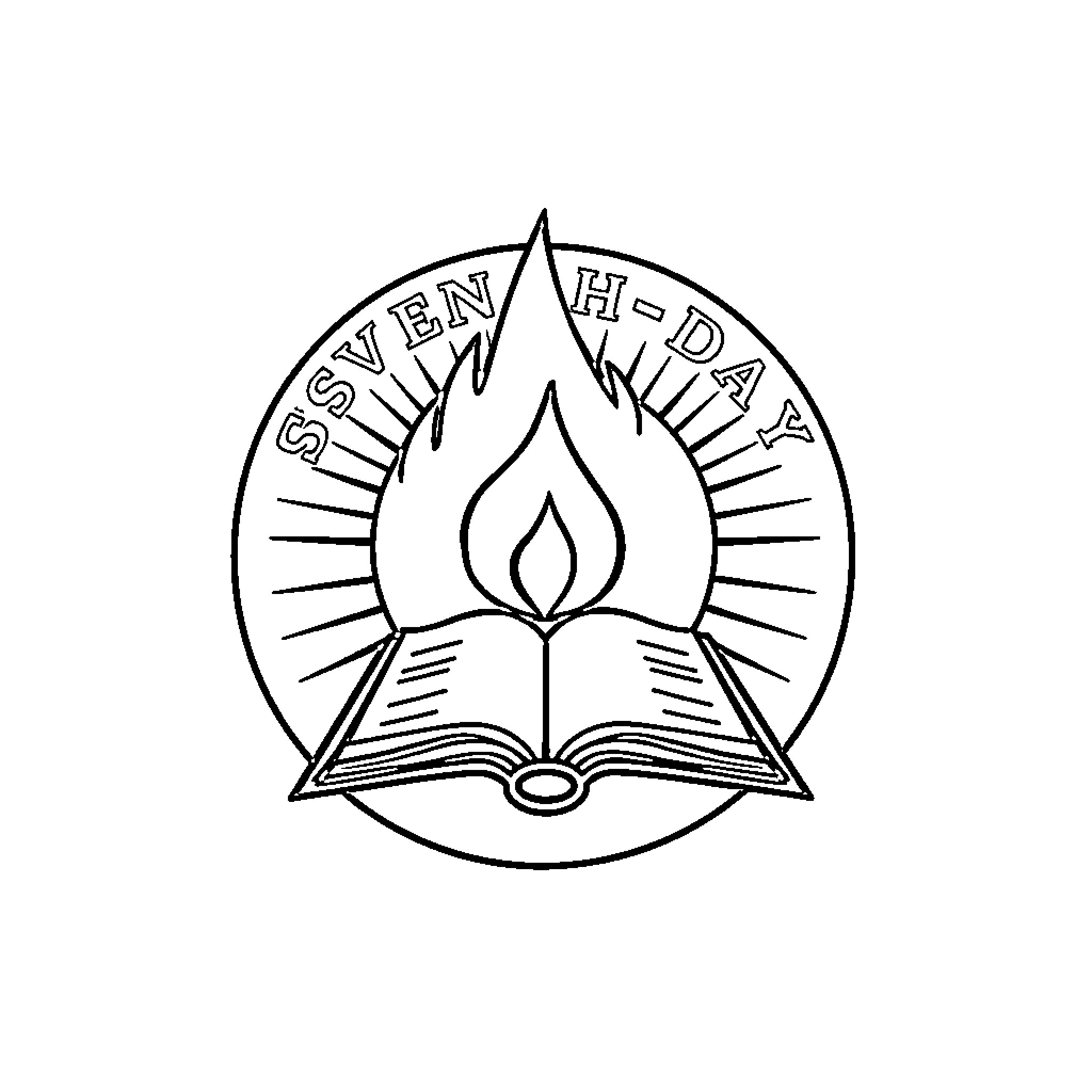 Seventh Day Adventist Logo with Open Book and Flame Coloring Page (free black-and-white line drawing printable PDF for all, from beginners to advanced learners, including children, teens, adults, and seniors)