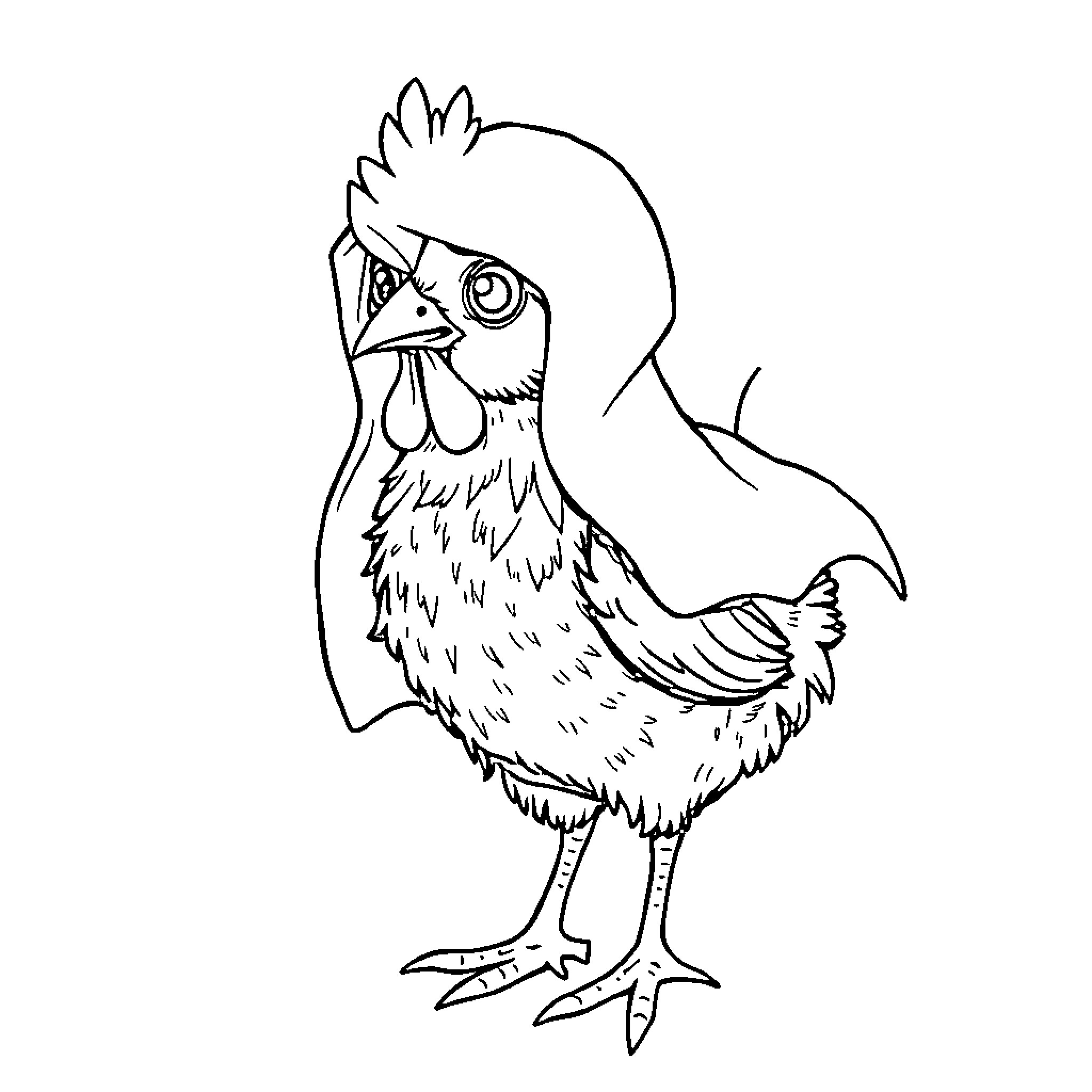 Chicken in outline drawing Coloring Page (free black-and-white line drawing printable PDF for all, from beginners to advanced learners, including children, teens, adults, and seniors)