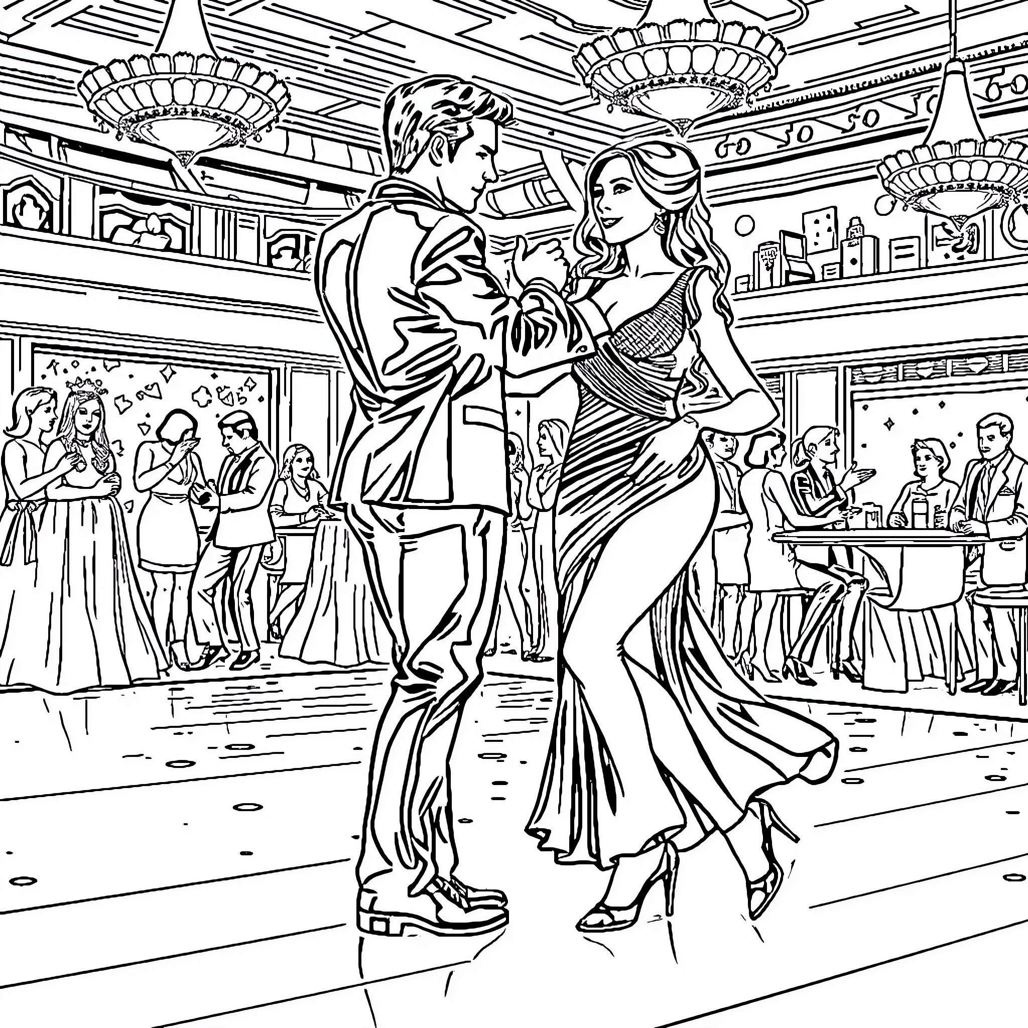 Couple dancing elegantly in ballroom Coloring Page (free black-and-white line drawing printable PDF for all, from beginners to advanced learners, including children, teens, adults, and seniors)