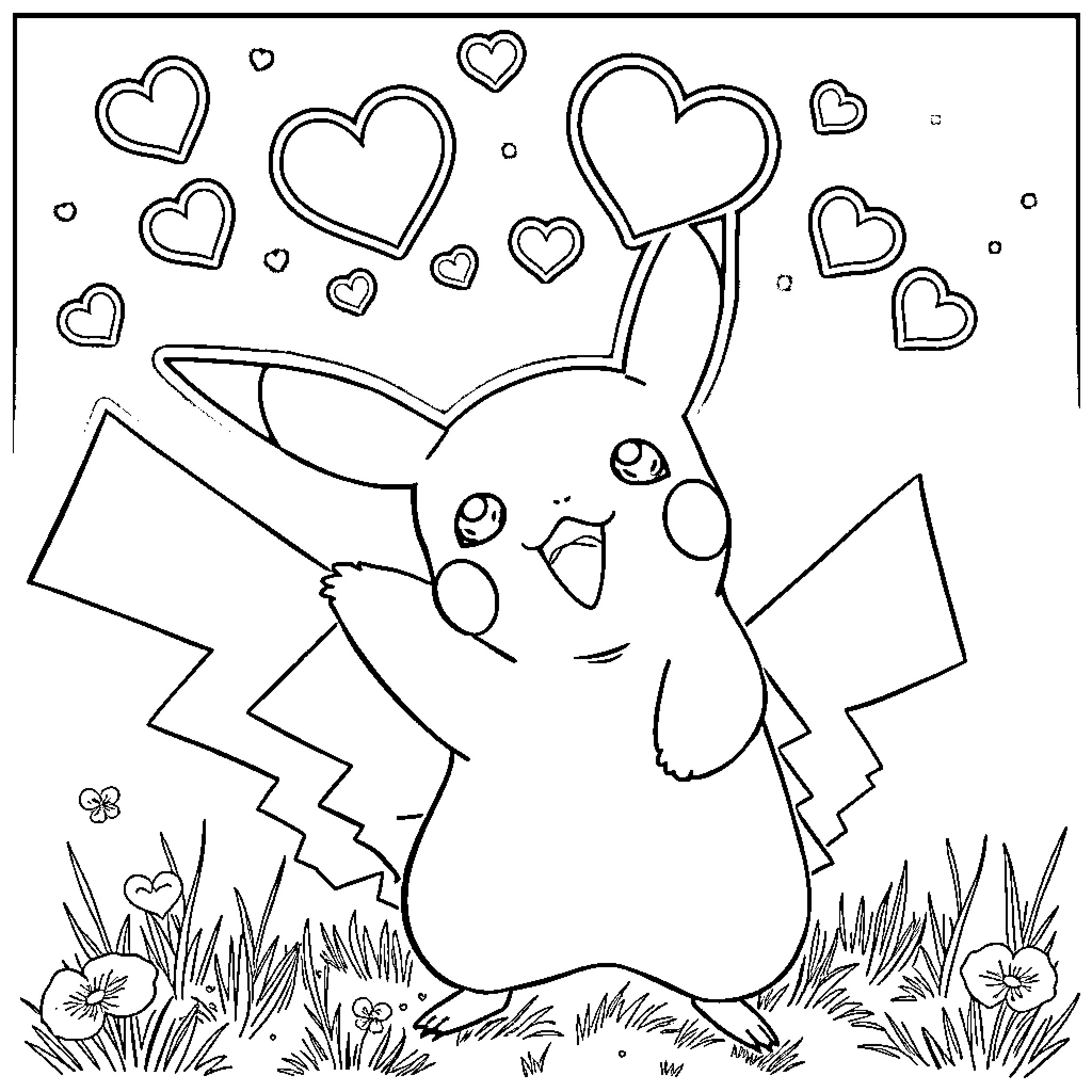 Pikachu surrounded by hearts and flowers in the meadow Coloring Page (free black-and-white line drawing printable PDF for all, from beginners to advanced learners, including children, teens, adults, and seniors)