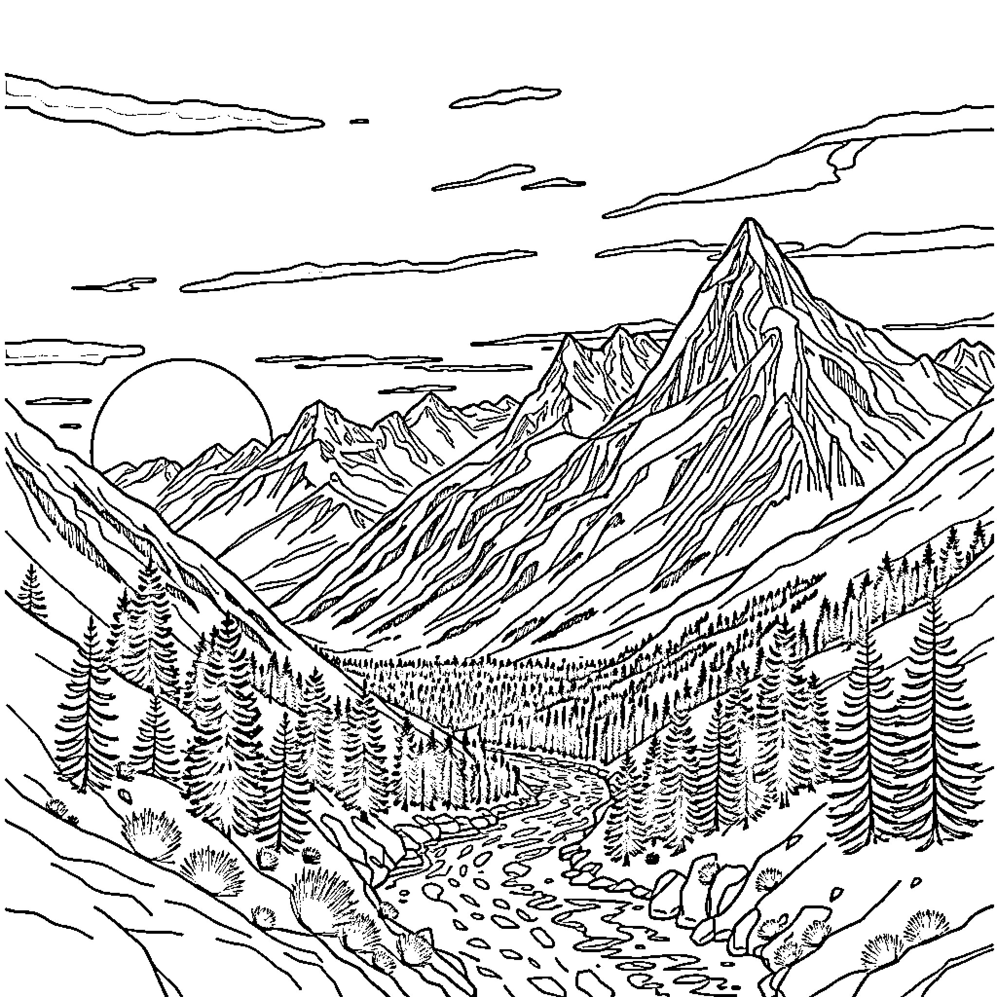 Mountain Landscape with Majestic Peaks and Forest Coloring Page (free black-and-white line drawing printable PDF for all, from beginners to advanced learners, including children, teens, adults, and seniors)
