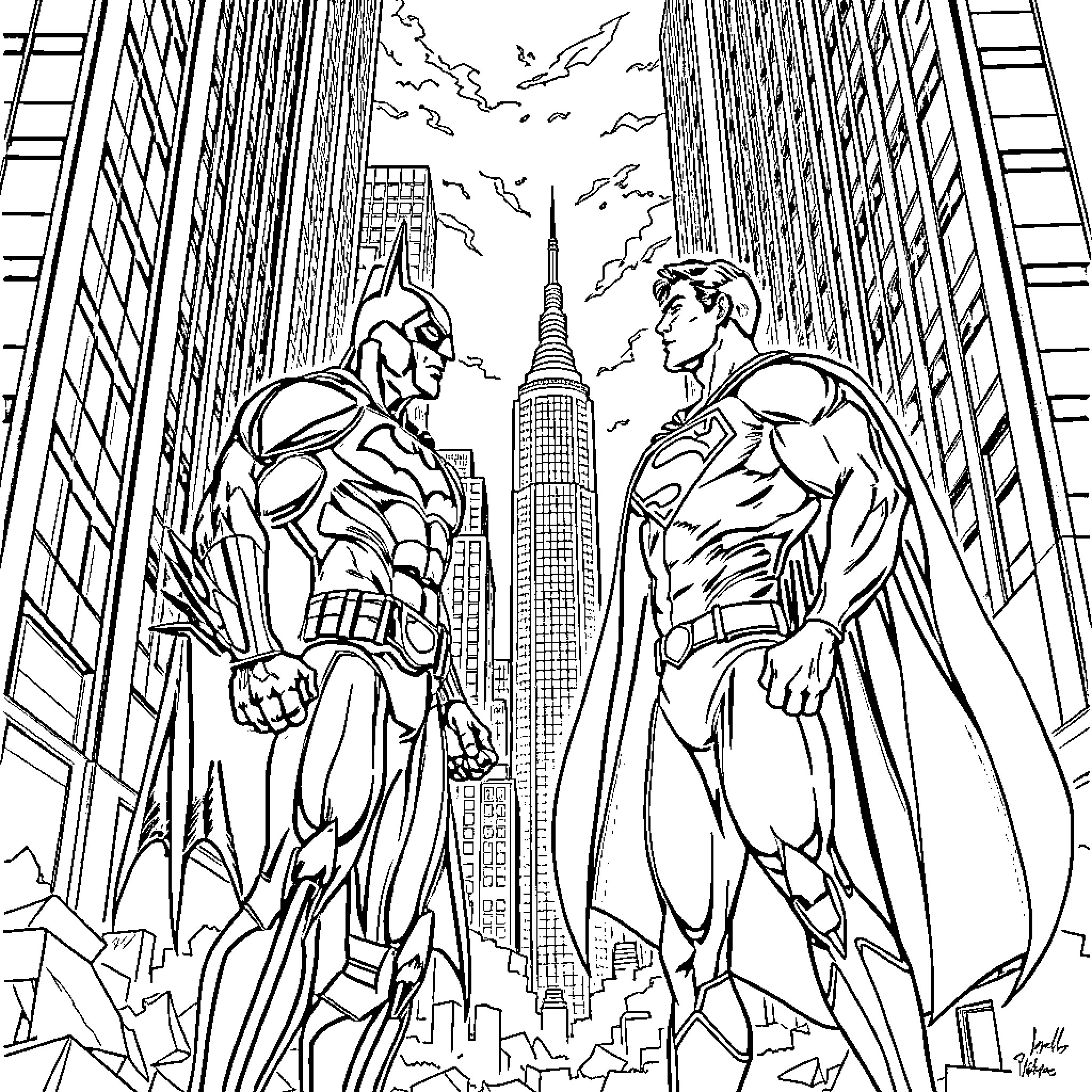 Batman vs Superman: Iconic Superhero Showdown in the City Coloring Page (free black-and-white line drawing printable PDF for all, from beginners to advanced learners, including children, teens, adults, and seniors)